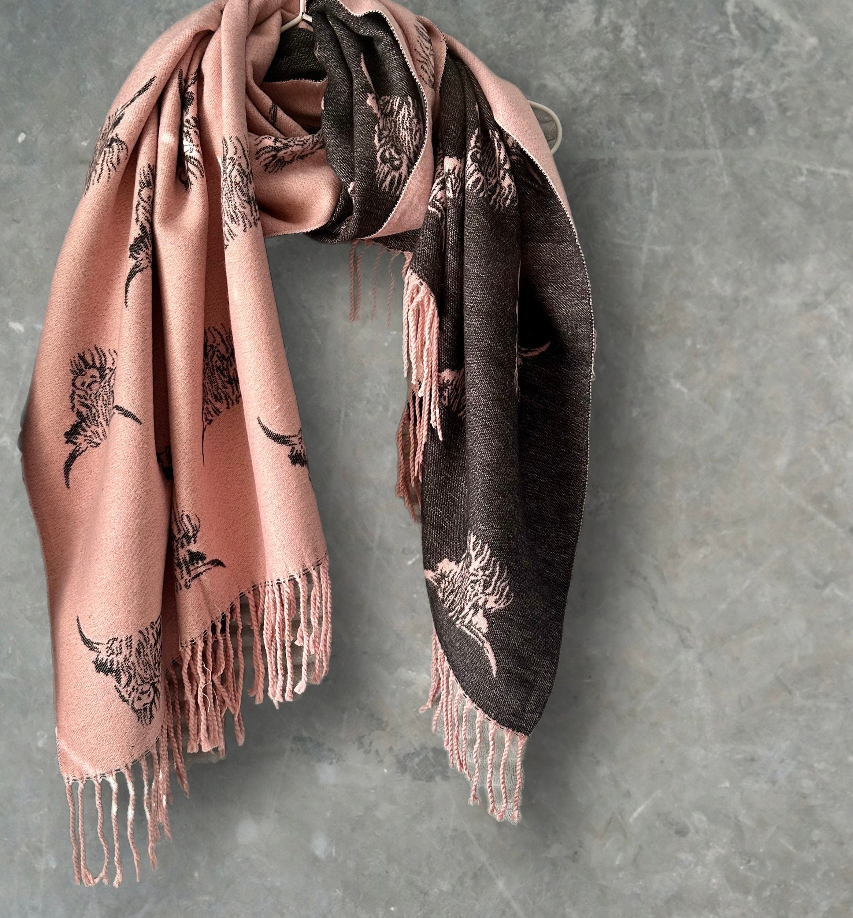 Highland Cattle Scarf in Pink and Black Double-sided Cashmere Blend Scarf