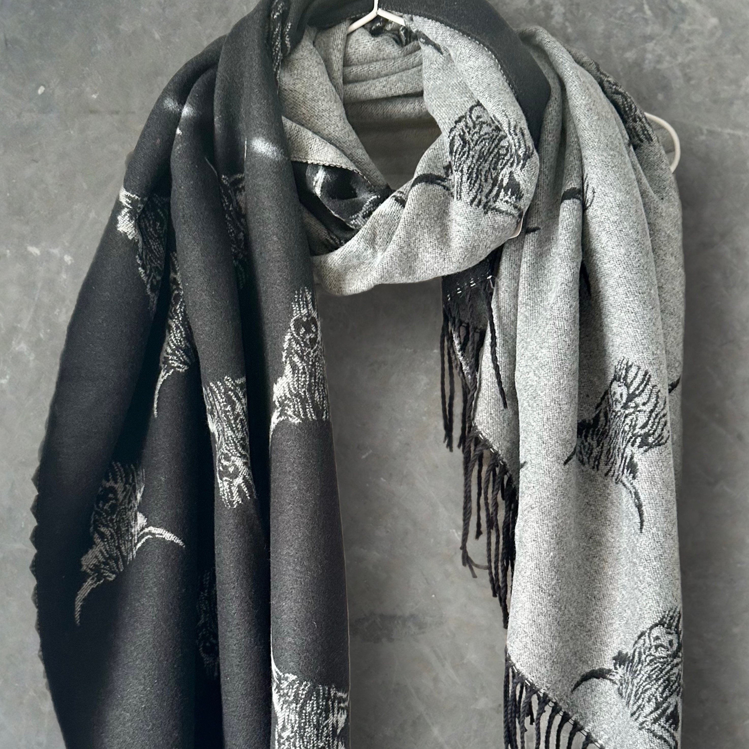 Highland Cattle Scarf in Black and Grey Double-sided Cashmere Scarf