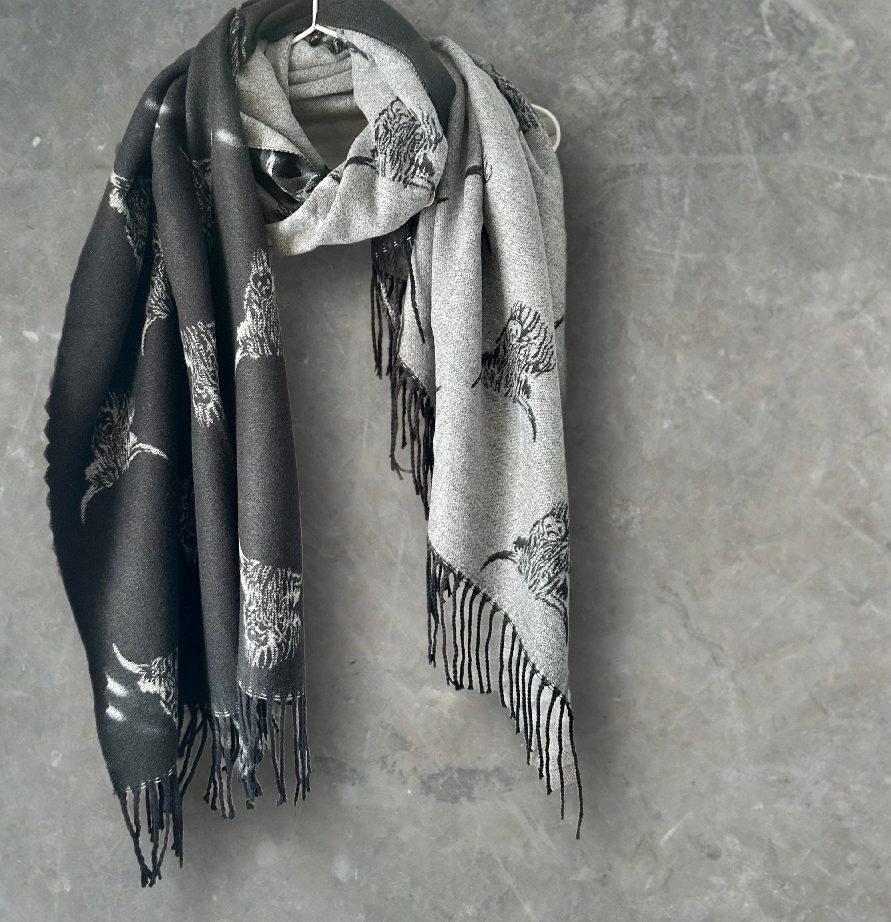 Highland Cattle Scarf in Black and Grey Double-sided Cashmere Scarf