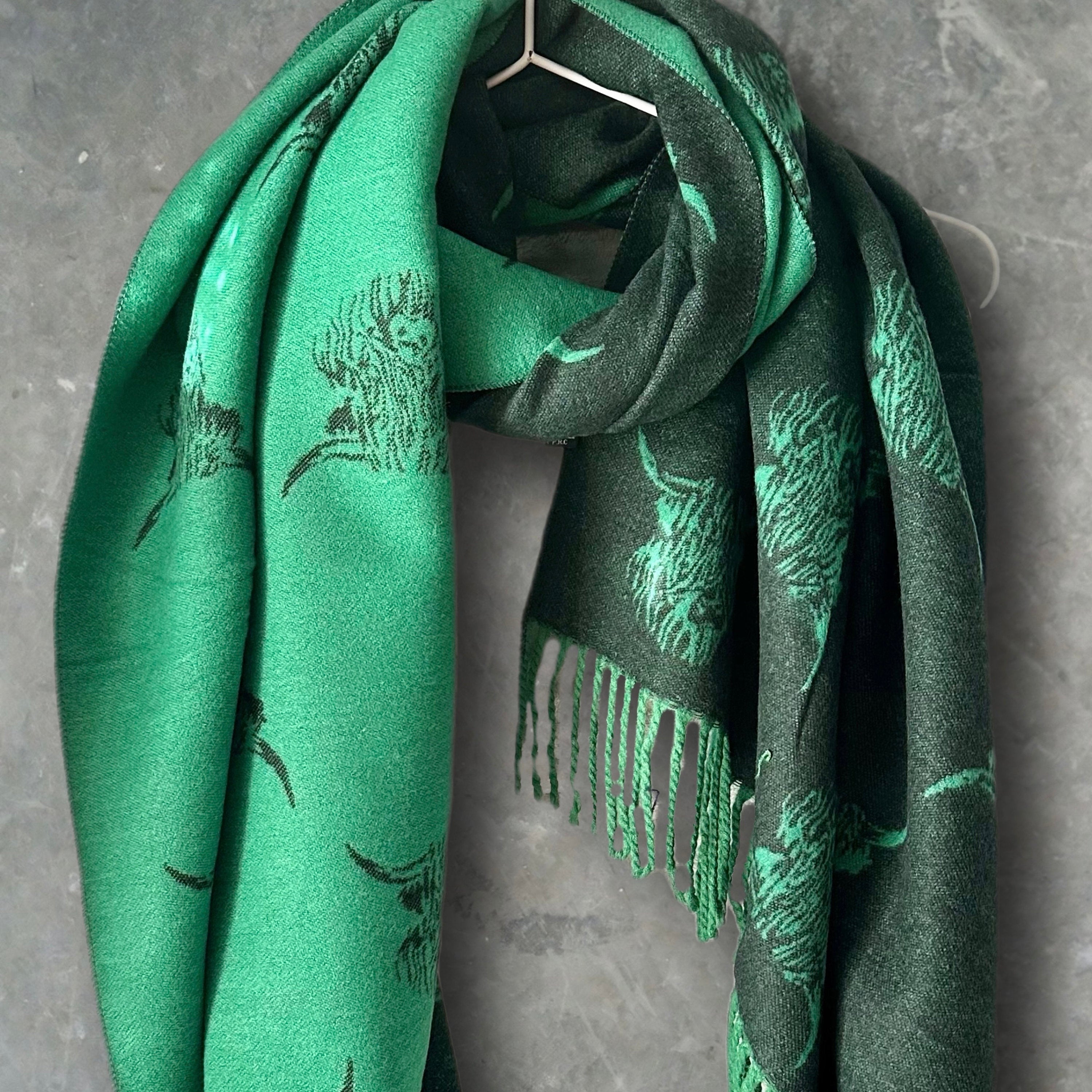 Highland Cattle Scarf in Two-toned Green Double-sided Cashmere Blend Scarf