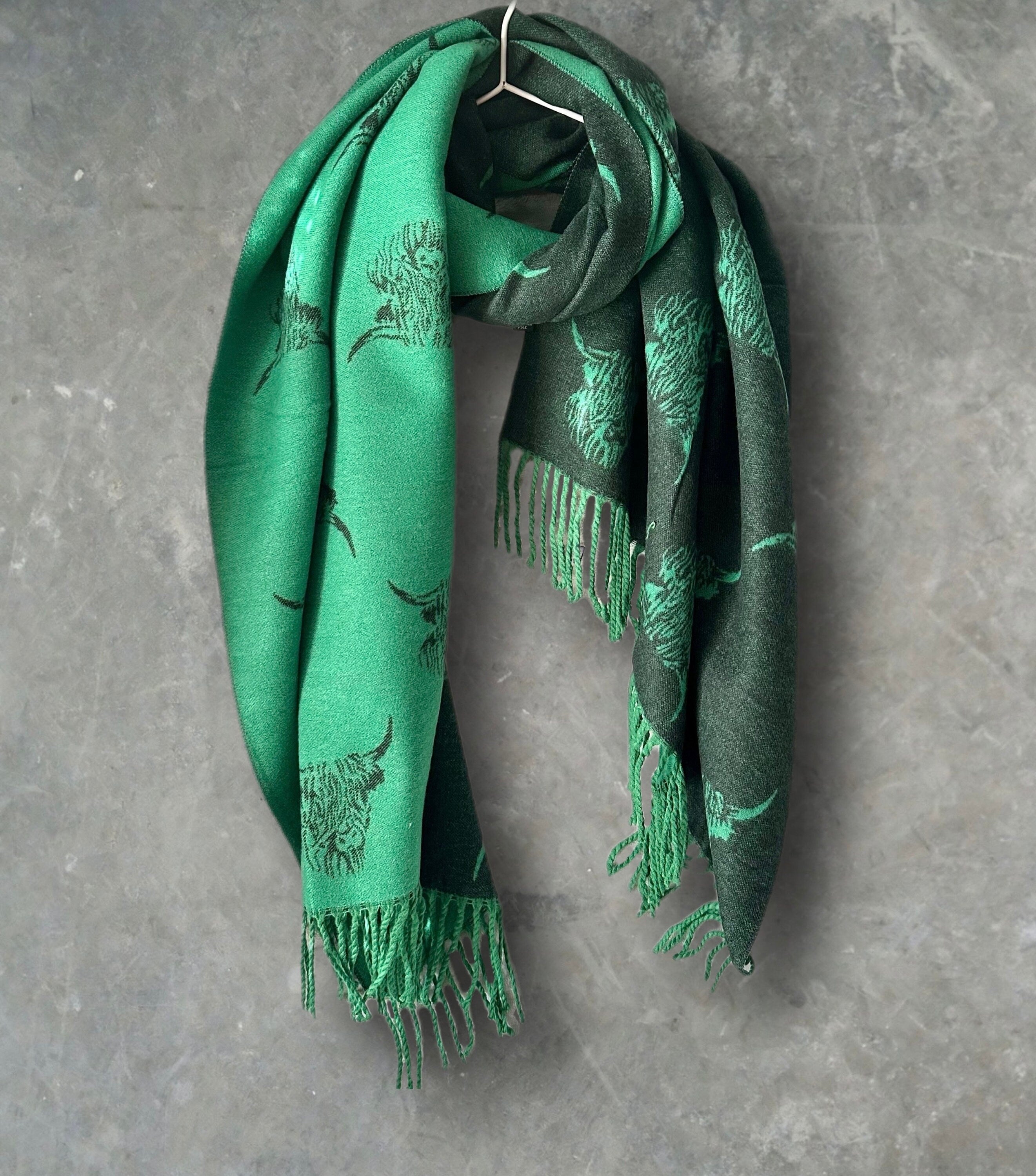 Highland Cattle Scarf in Two-toned Green Double-sided Cashmere Blend Scarf
