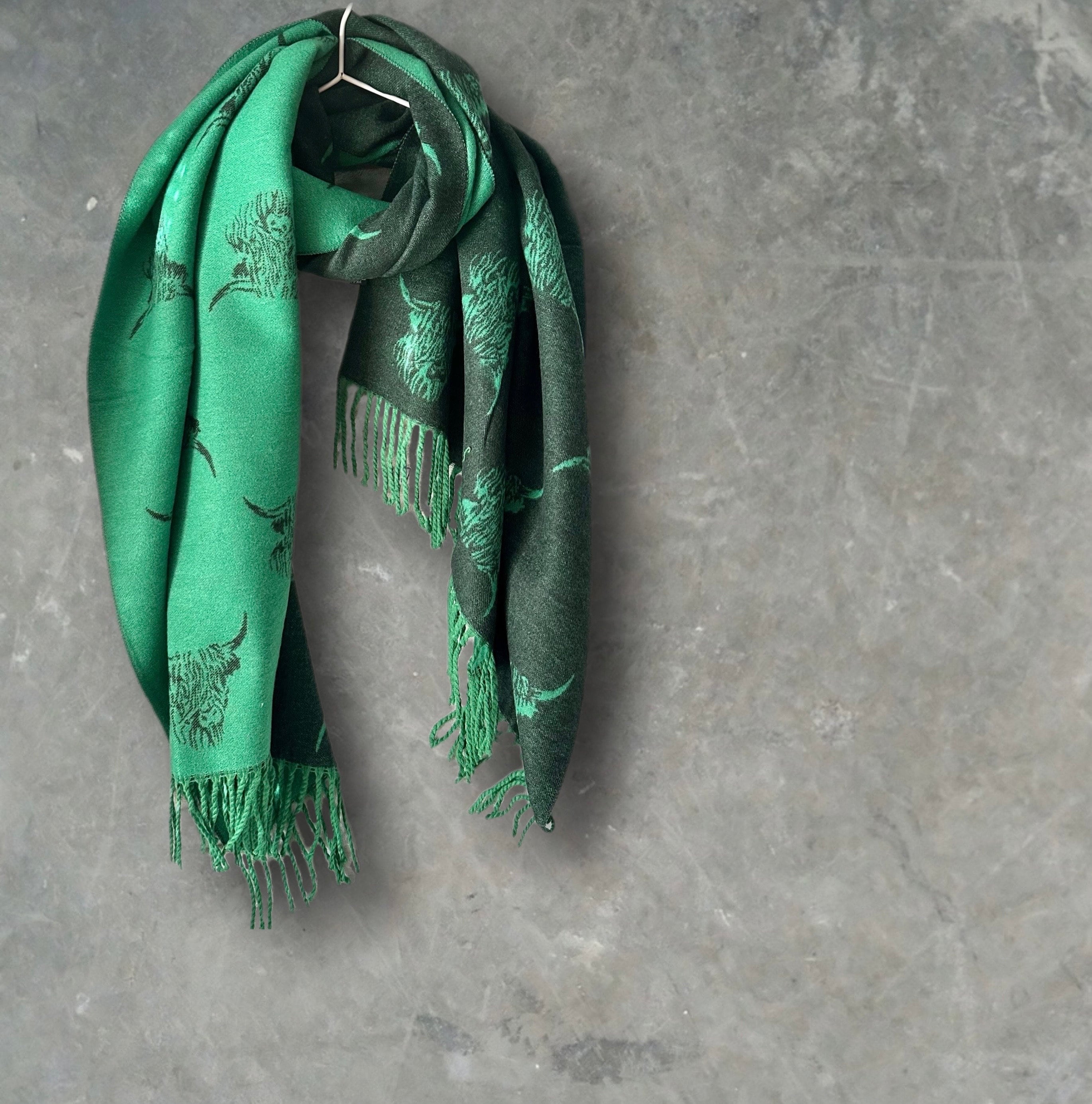 Highland Cattle Scarf in Two-toned Green Double-sided Cashmere Blend Scarf