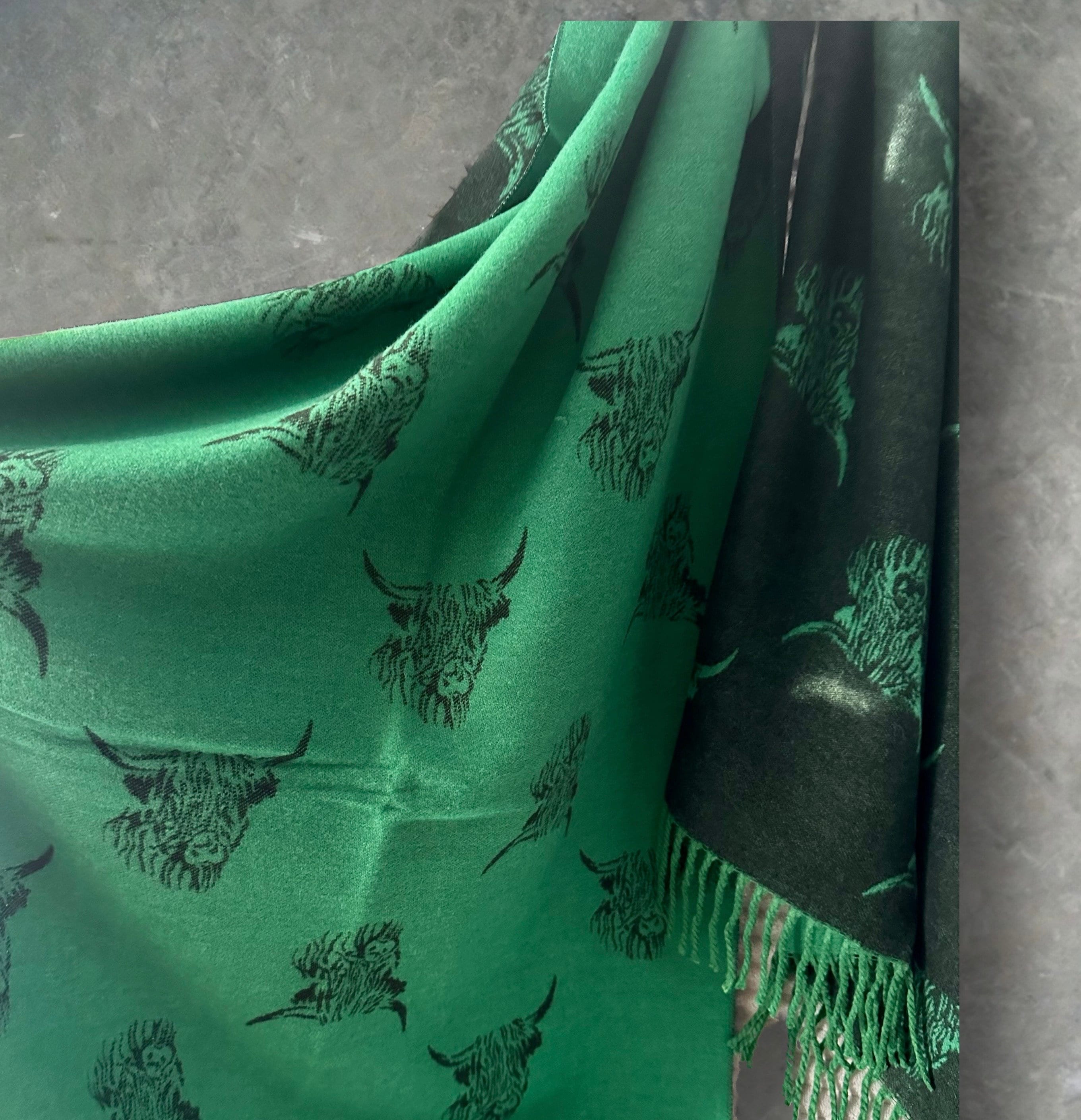 Highland Cattle Scarf in Two-toned Green Double-sided Cashmere Blend Scarf