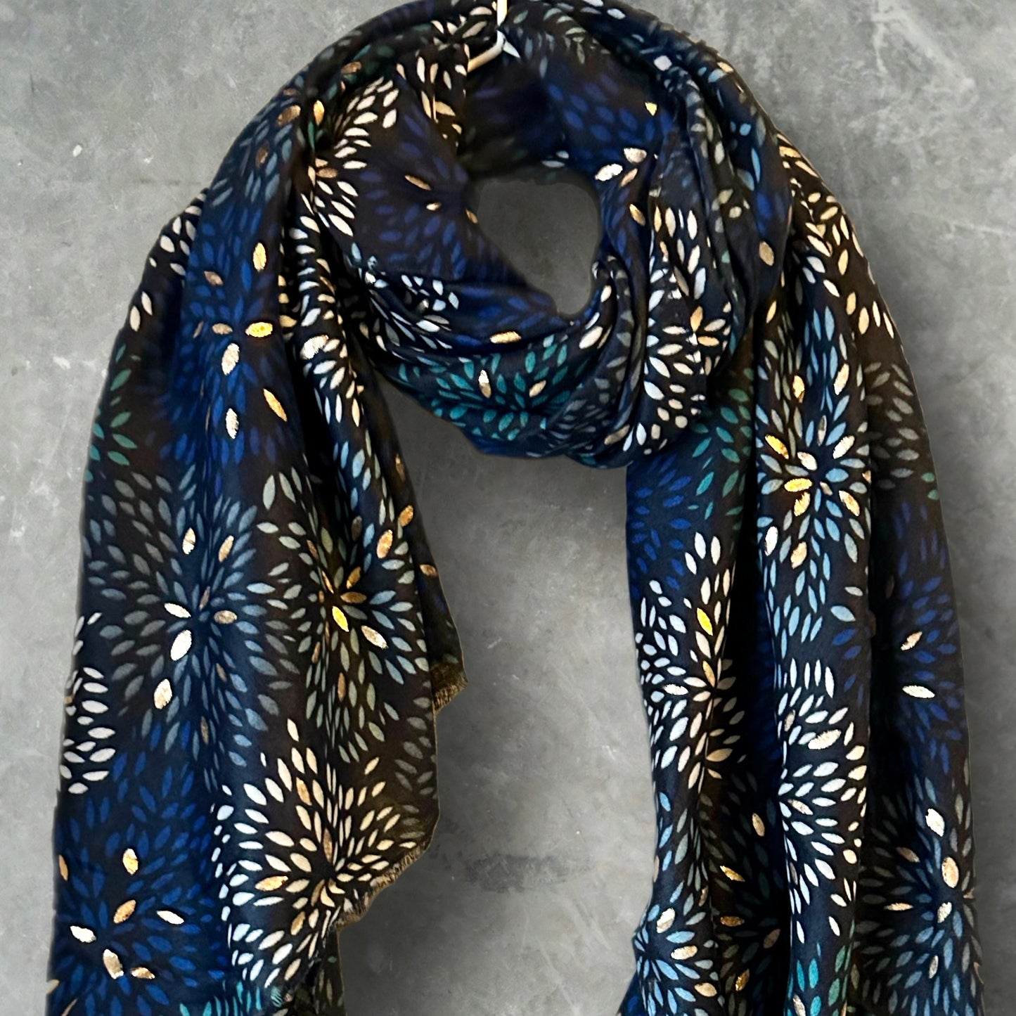 Firework Pattern with Gold Foils Blue Cotton Scarf,Women Scarf,Autumn Winter Scarf,Gifts for Her,Mom,Gifts for Birthday,Christmas