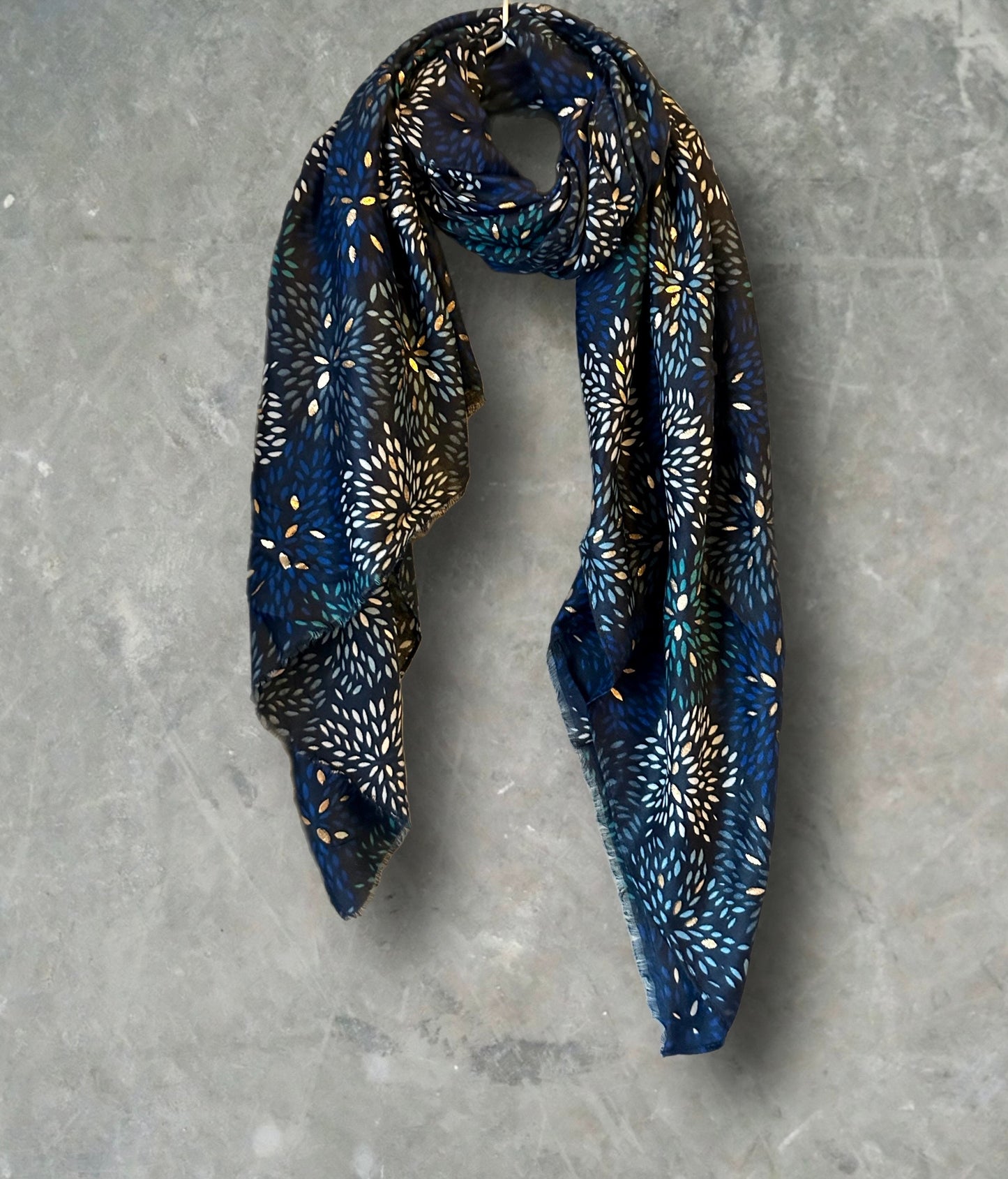 Firework Pattern with Gold Foils Blue Cotton Scarf,Women Scarf,Autumn Winter Scarf,Gifts for Her,Mom,Gifts for Birthday,Christmas