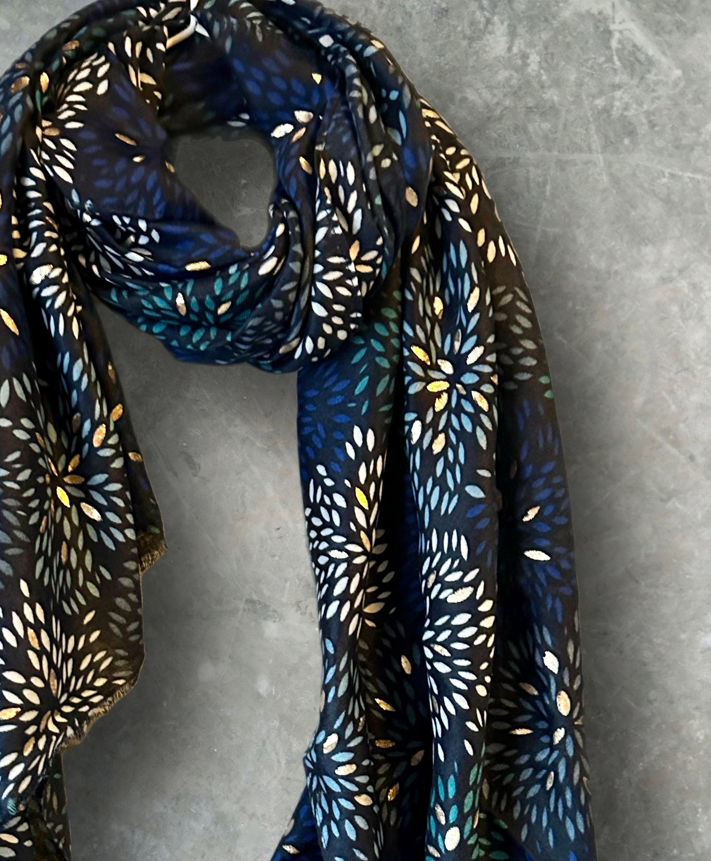 Firework Pattern with Gold Foils Blue Cotton Scarf,Women Scarf,Autumn Winter Scarf,Gifts for Her,Mom,Gifts for Birthday,Christmas