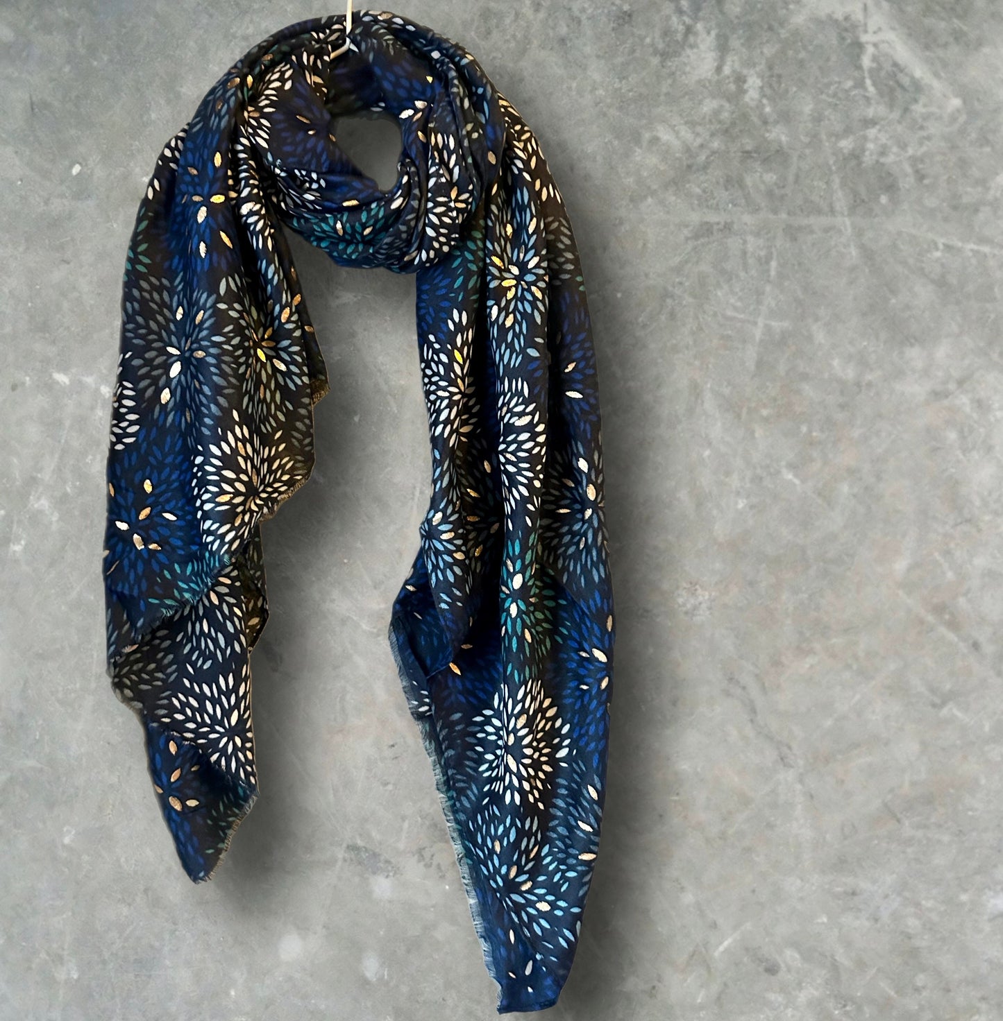 Firework Pattern with Gold Foils Blue Cotton Scarf,Women Scarf,Autumn Winter Scarf,Gifts for Her,Mom,Gifts for Birthday,Christmas