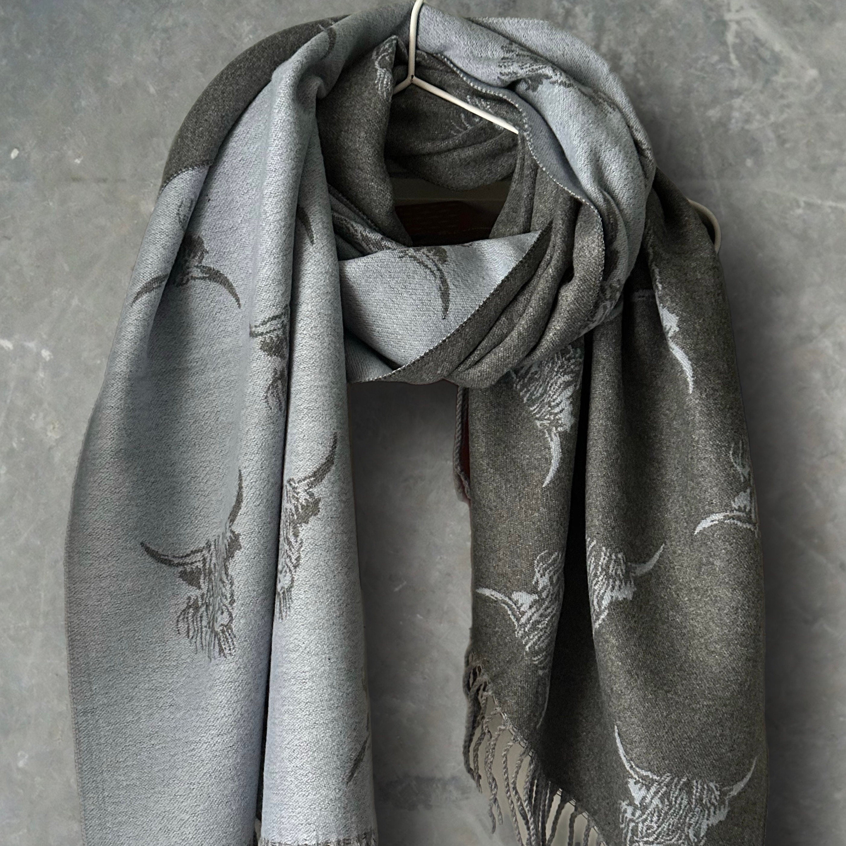 Highland Cattle Scarf in Light Blue Grey Double-sided Cashmere Blend Scarf
