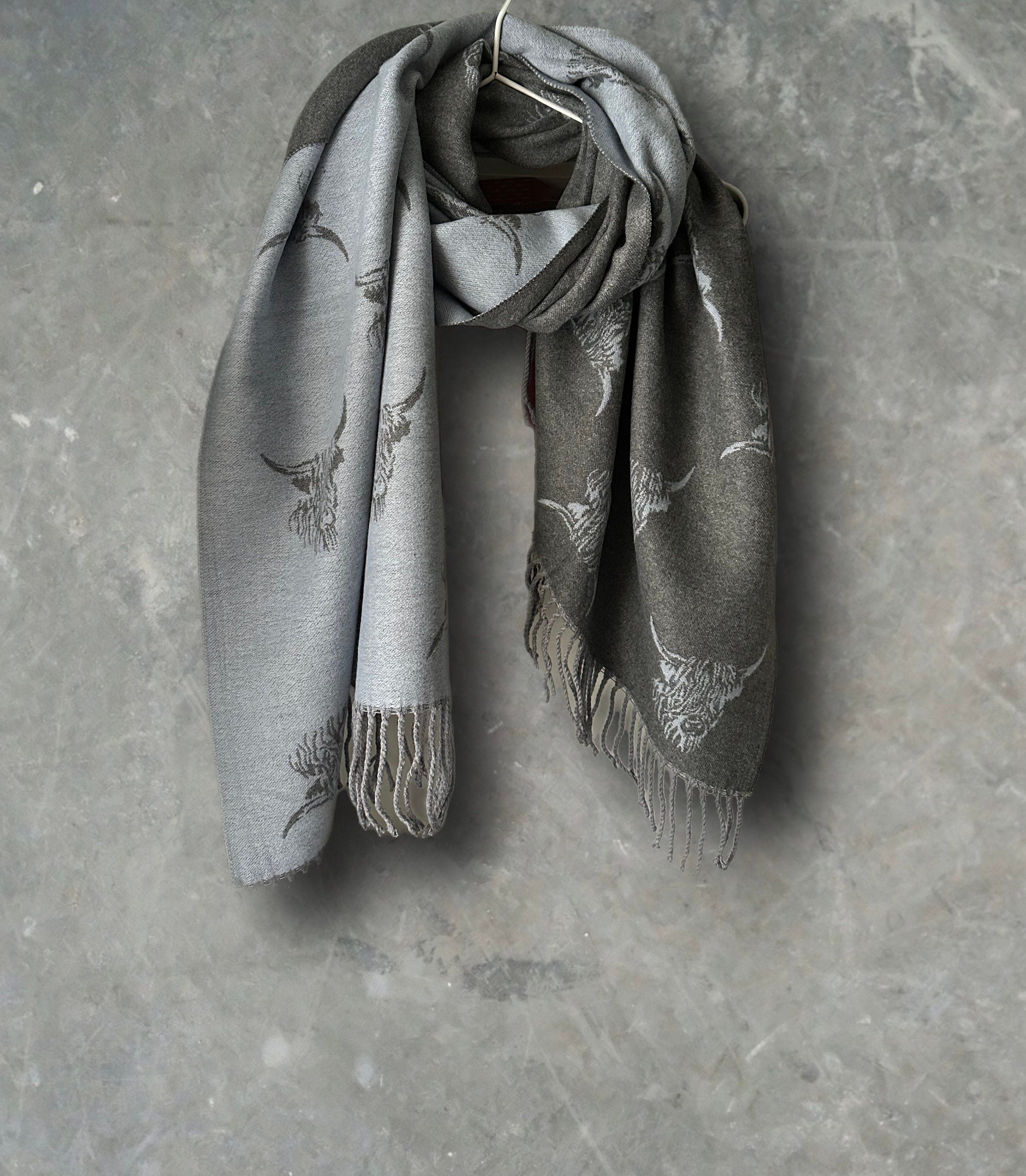 Highland Cattle Scarf in Light Blue Grey Double-sided Cashmere Blend Scarf