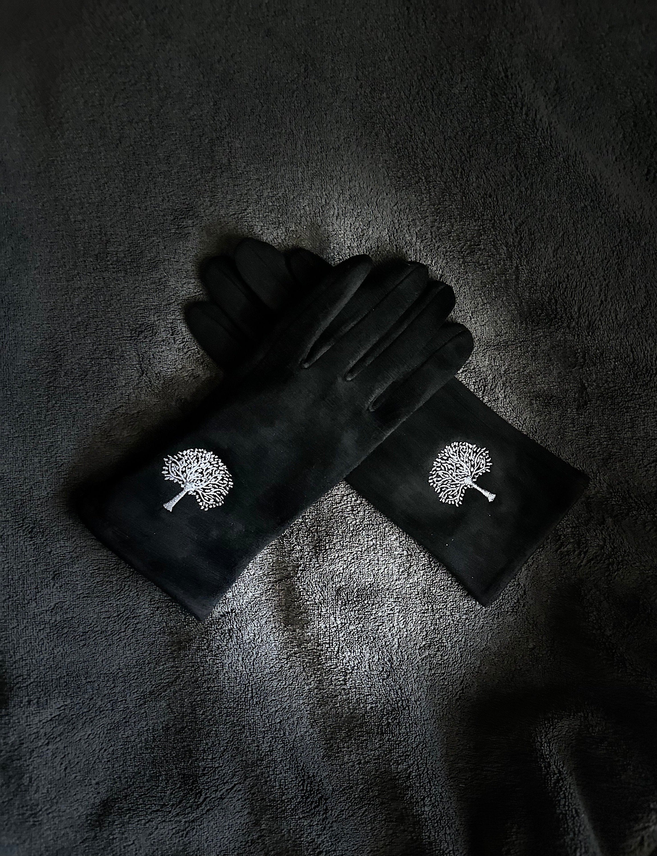 Embroidery Mulberry Tree Black Suede Gloves