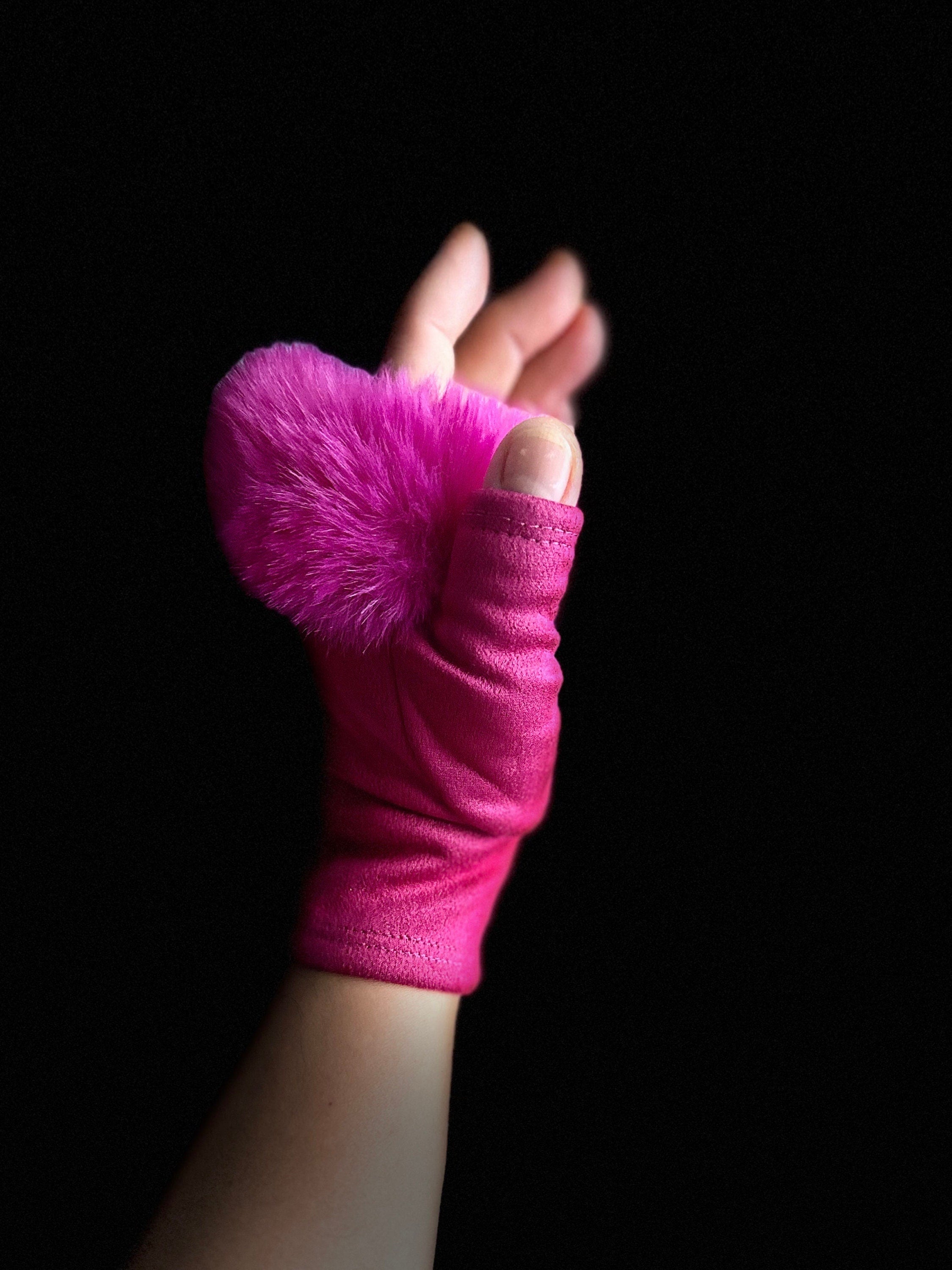 Fuchsia Pink Suede Fingerless Gloves with Faux Fur details