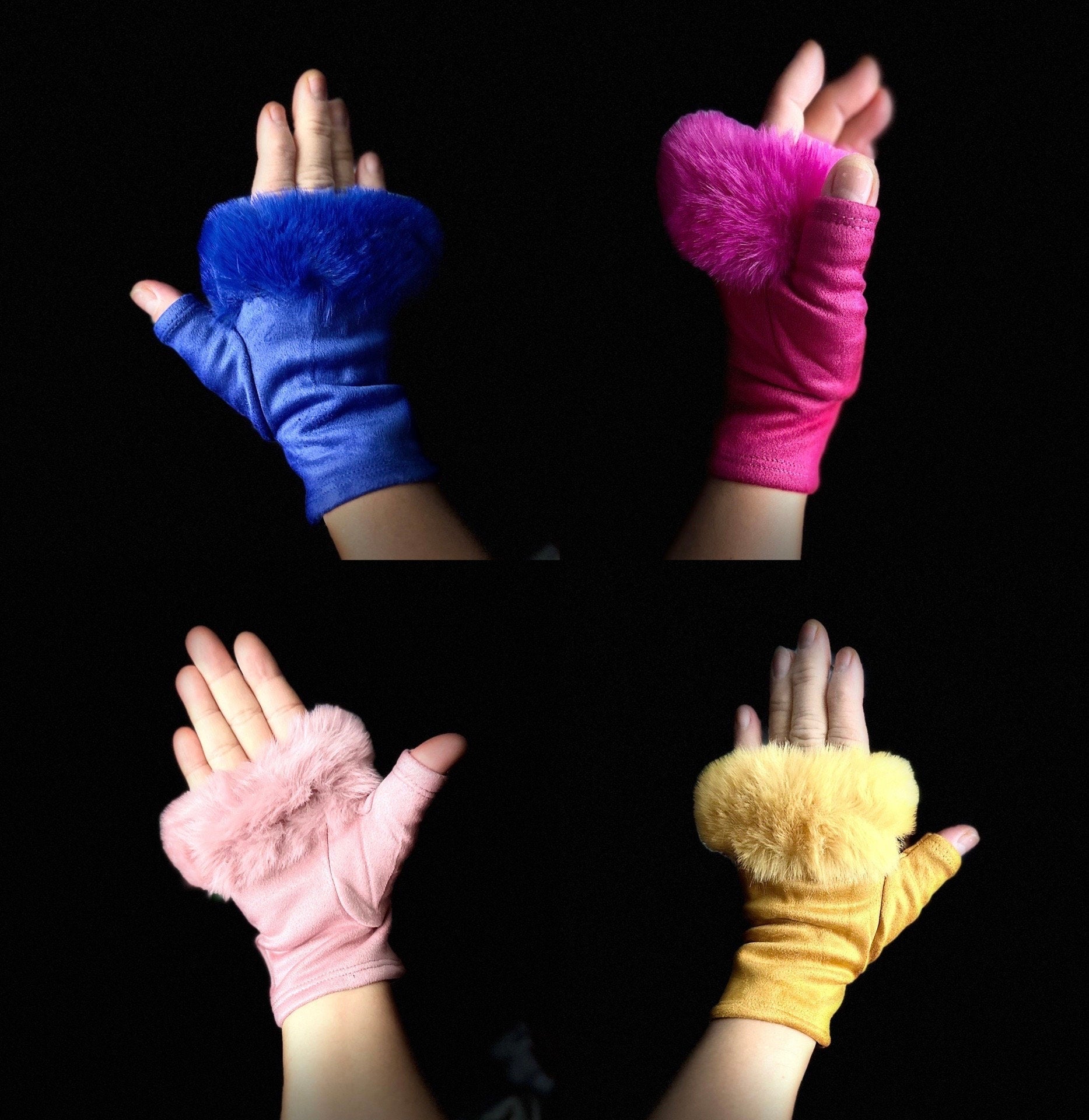 Fuchsia Pink Suede Fingerless Gloves with Faux Fur details