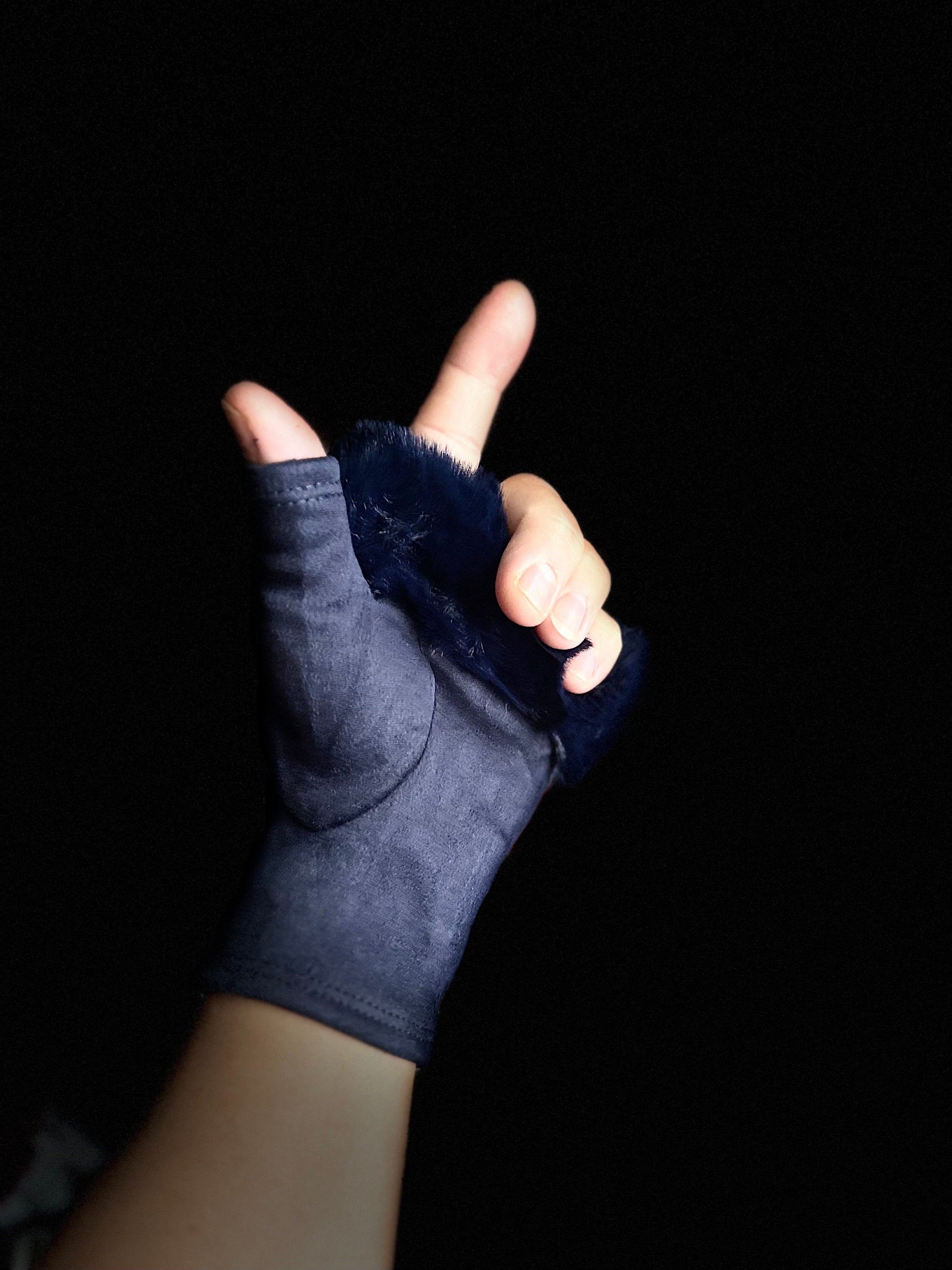 Navy Blue Suede Fingerless Gloves with Faux Fur