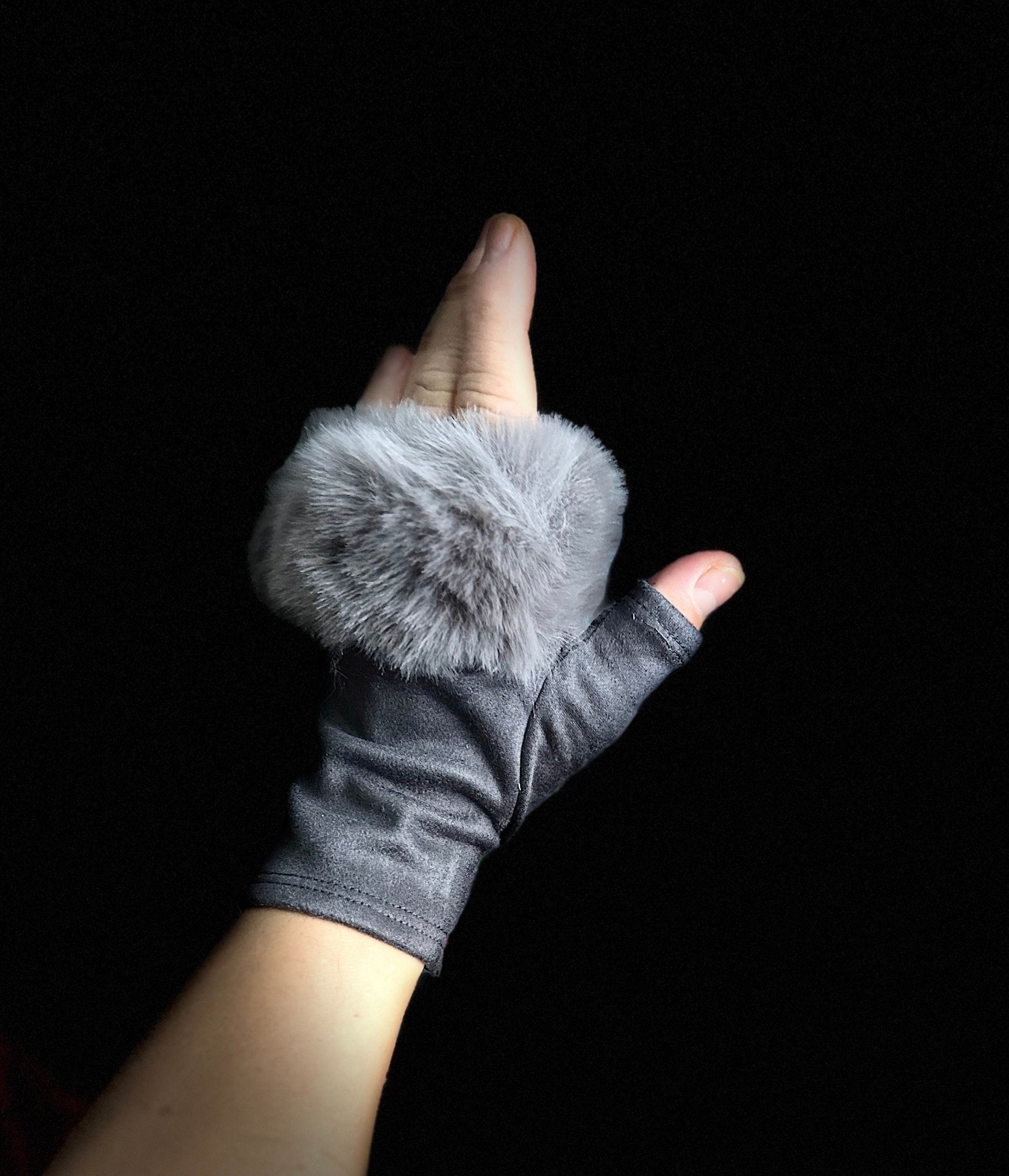 Grey Suede Fingerless Gloves with Faux Fur details,Winter Gloves