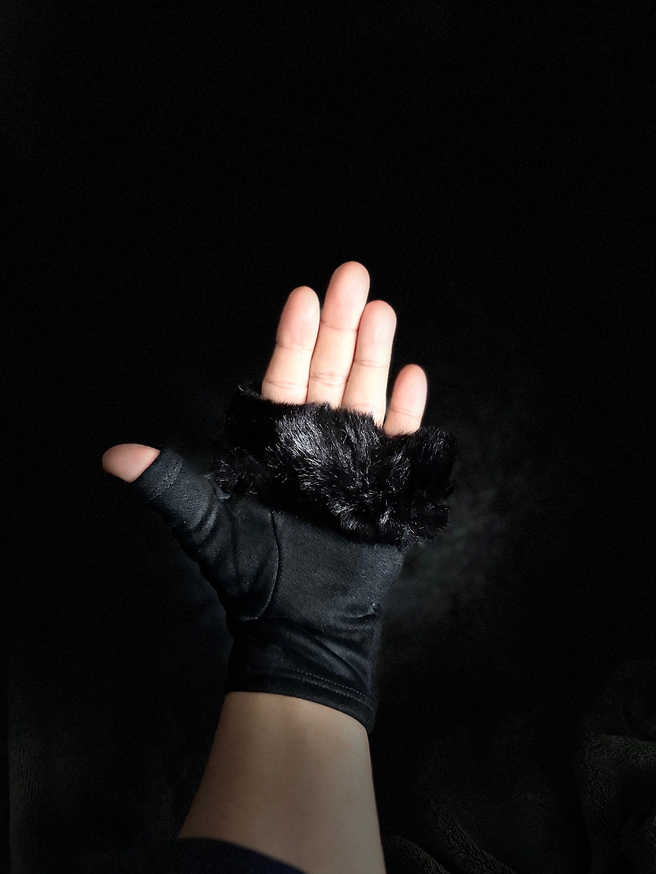 Black Faux Suede Fingerless Winter Gloves with Faux Fur details