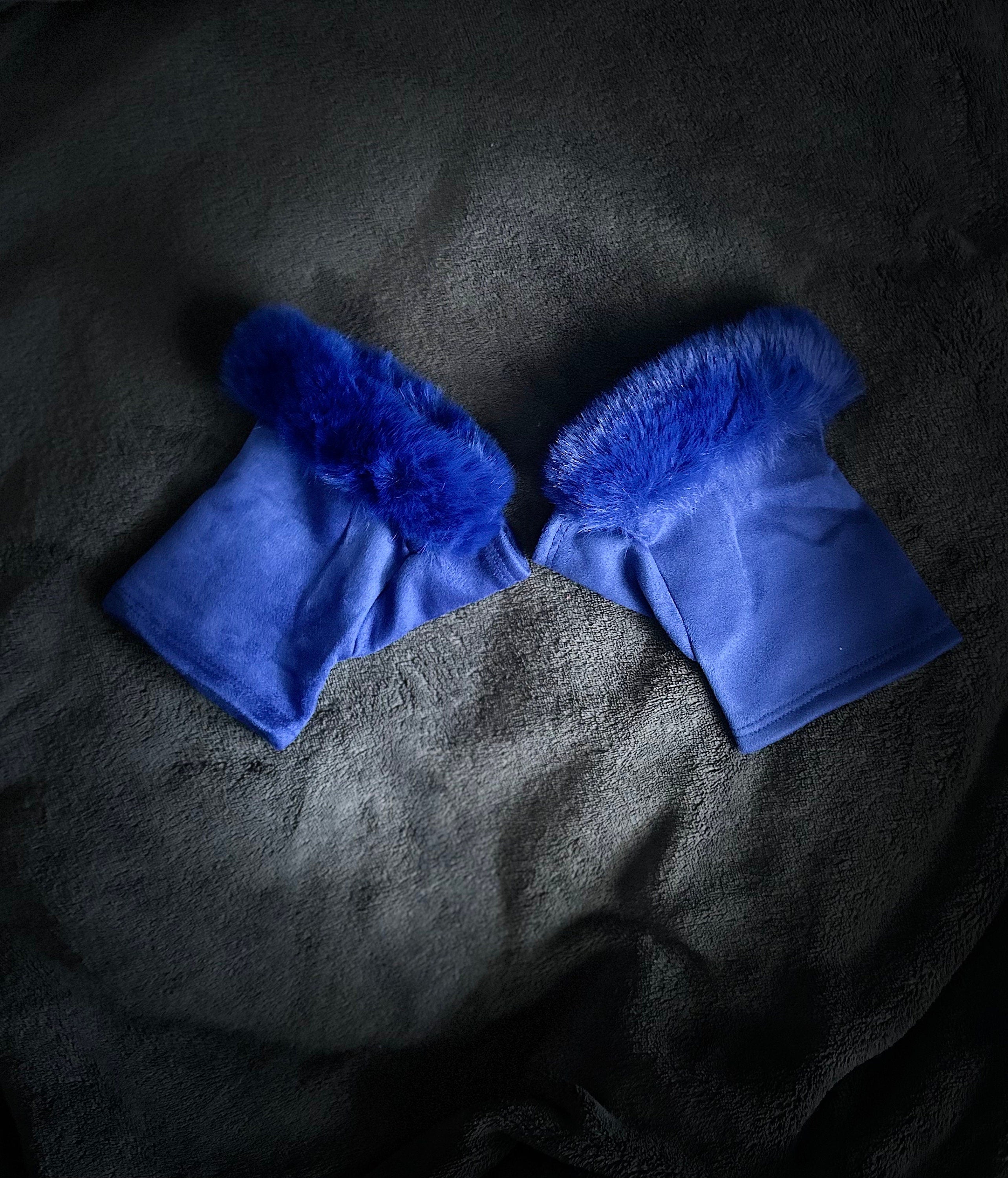 Blue Suede Fingerless Gloves with Faux Fur details