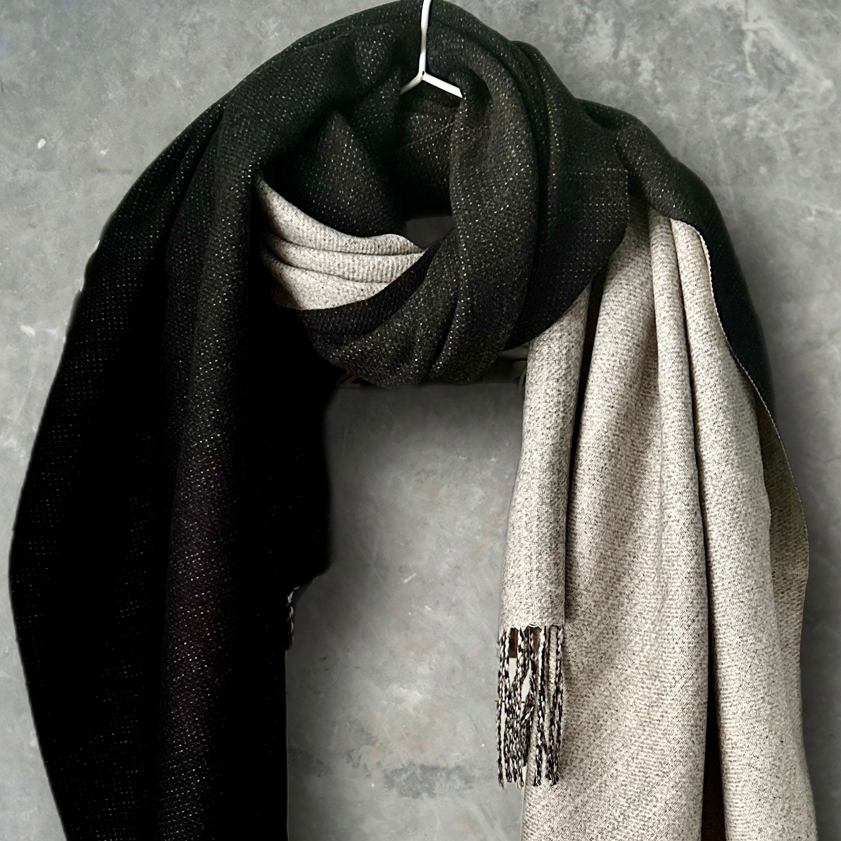 Two-Toned Black Grey Double-Sided Cashmere Scarf,Unisex Winter Scarf