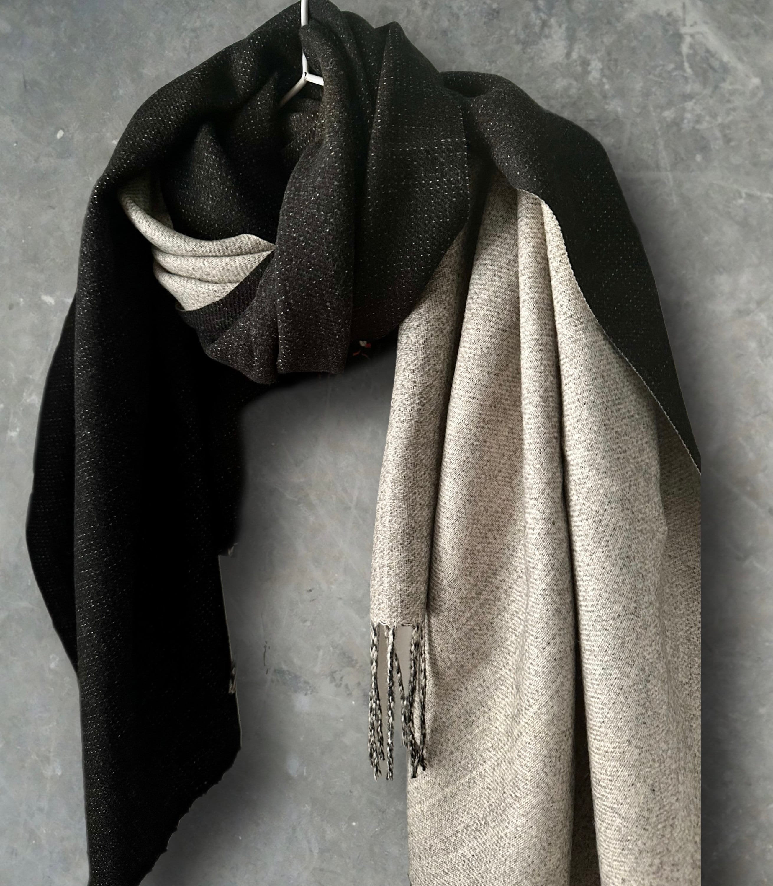 Two-Toned Black Grey Double-Sided Cashmere Scarf,Unisex Winter Scarf