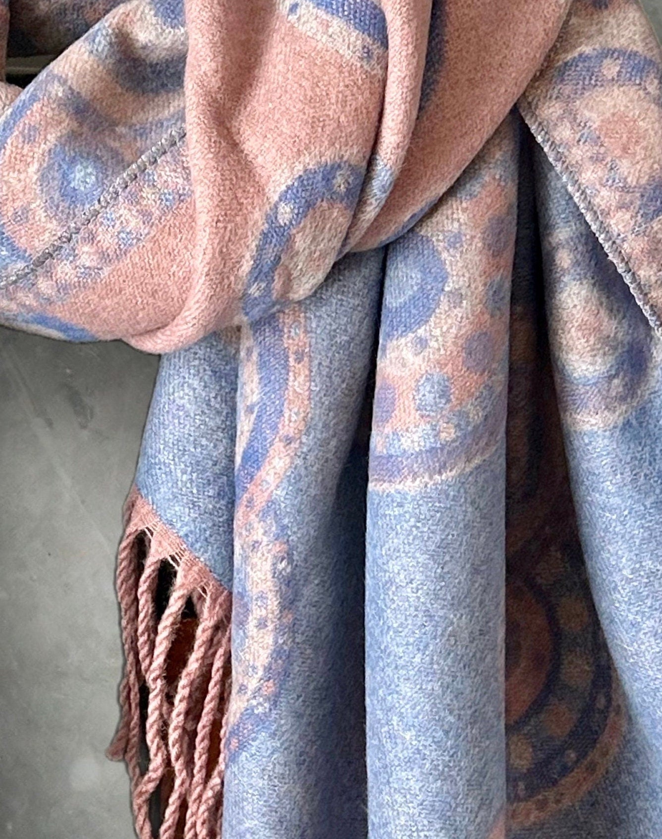 Cashmere Blend Scarf in Light Blue Pink with Circular Dots Pattern For Winter