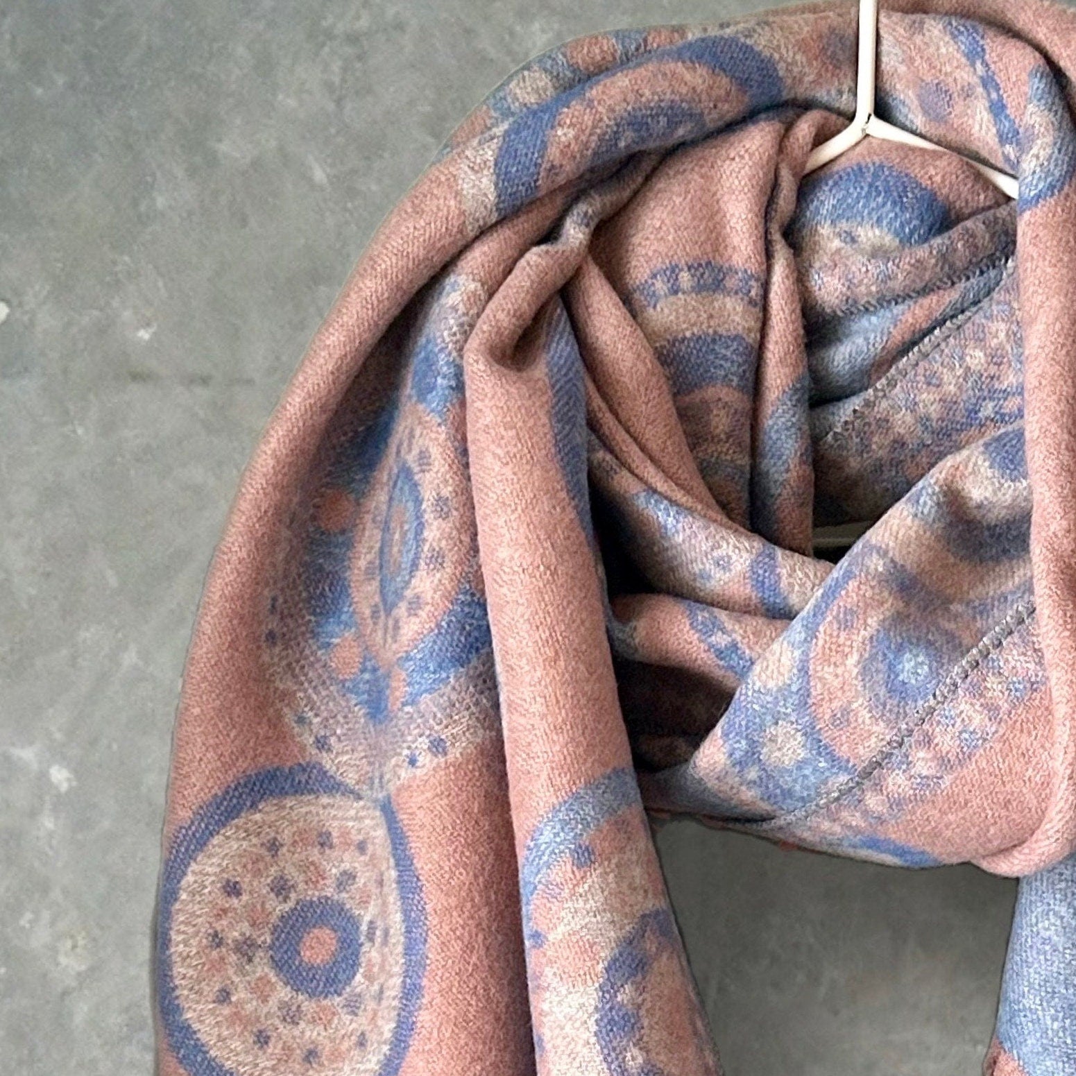 Cashmere Blend Scarf in Light Blue Pink with Circular Dots Pattern For Winter