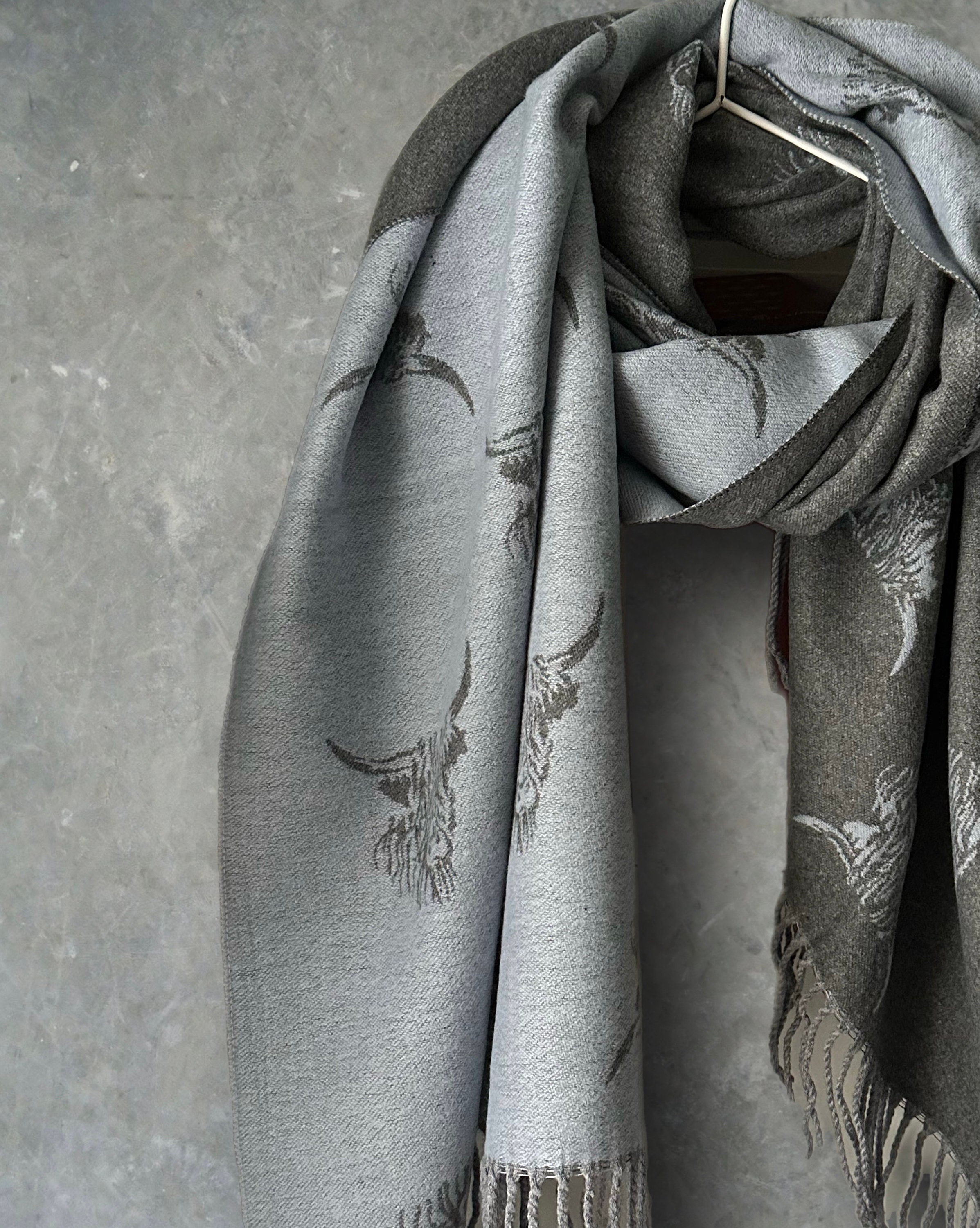 Highland Cattle Scarf in Light Blue Grey Double-sided Cashmere Blend Scarf