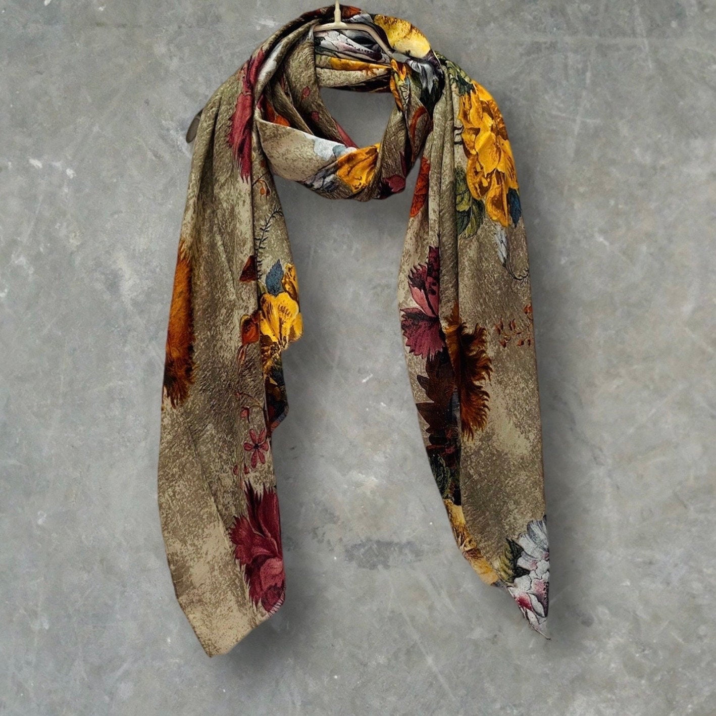 Beige Cotton Scarf with Vintage Peony Flowers – A Timeless Gift for Her, Anytime