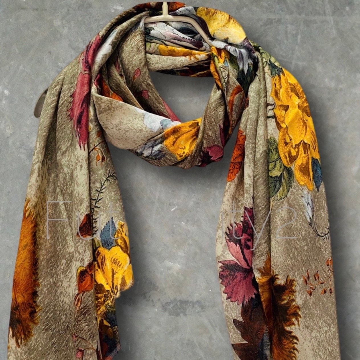 Beige Cotton Scarf with Vintage Peony Flowers – A Timeless Gift for Her, Anytime