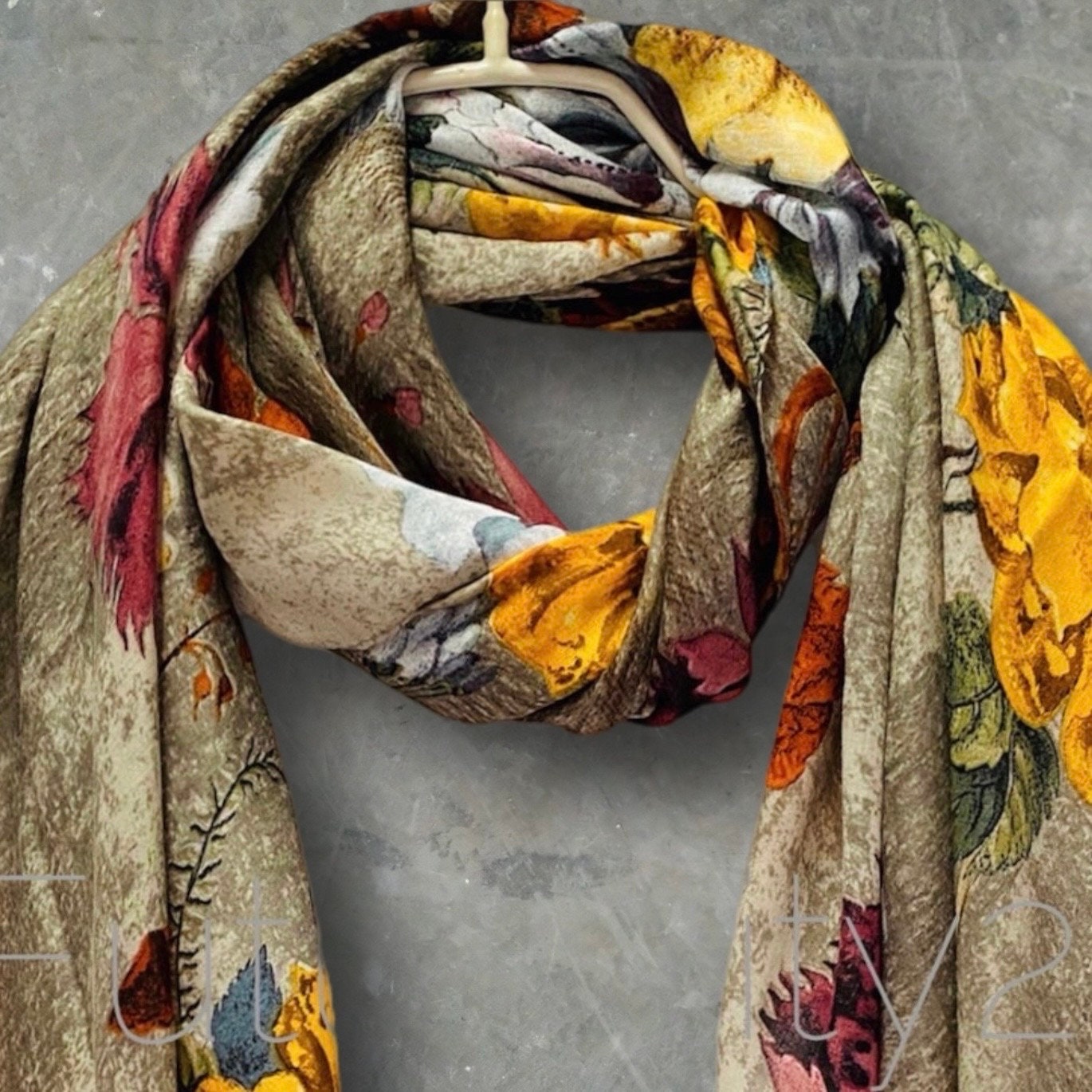 Beige Cotton Scarf with Vintage Peony Flowers – A Timeless Gift for Her, Anytime
