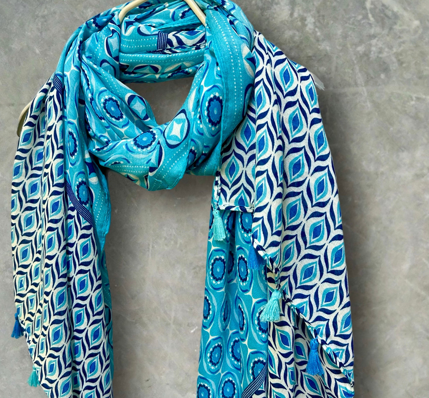 Blue Moroccan-Inspired Geometric Pattern Scarf with Tassels,Great Gifts for Her,Mom,Birthday and Christmas.For All Season