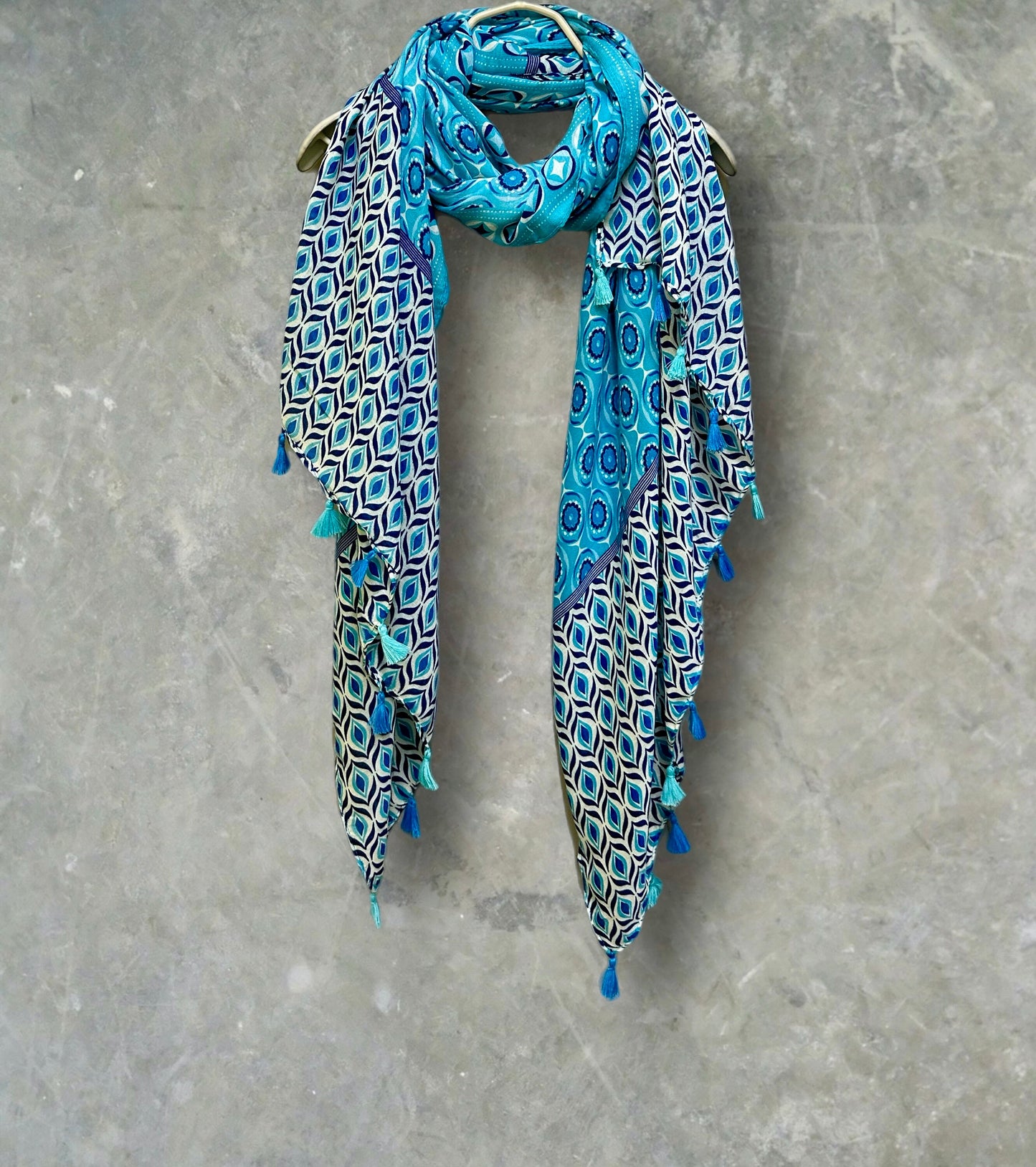 Blue Moroccan-Inspired Geometric Pattern Scarf with Tassels,Great Gifts for Her,Mom,Birthday and Christmas.For All Season