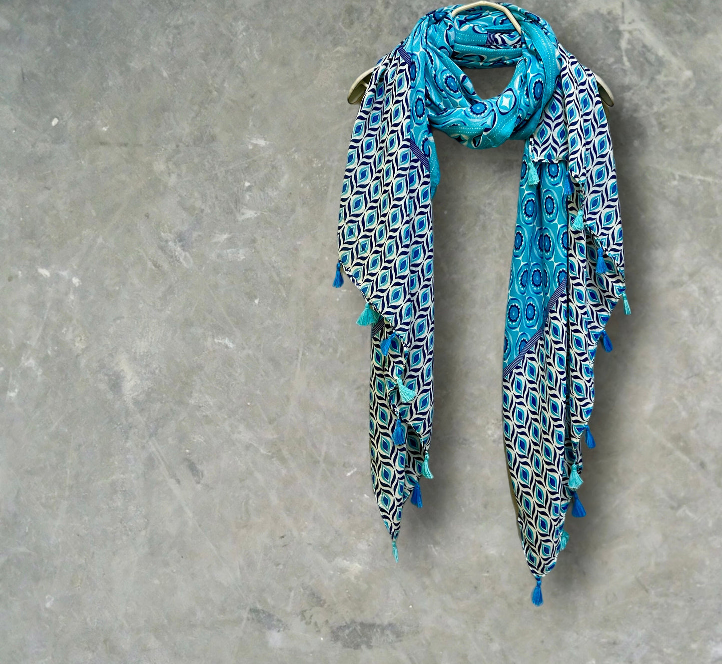 Blue Moroccan-Inspired Geometric Pattern Scarf with Tassels,Great Gifts for Her,Mom,Birthday and Christmas.For All Season
