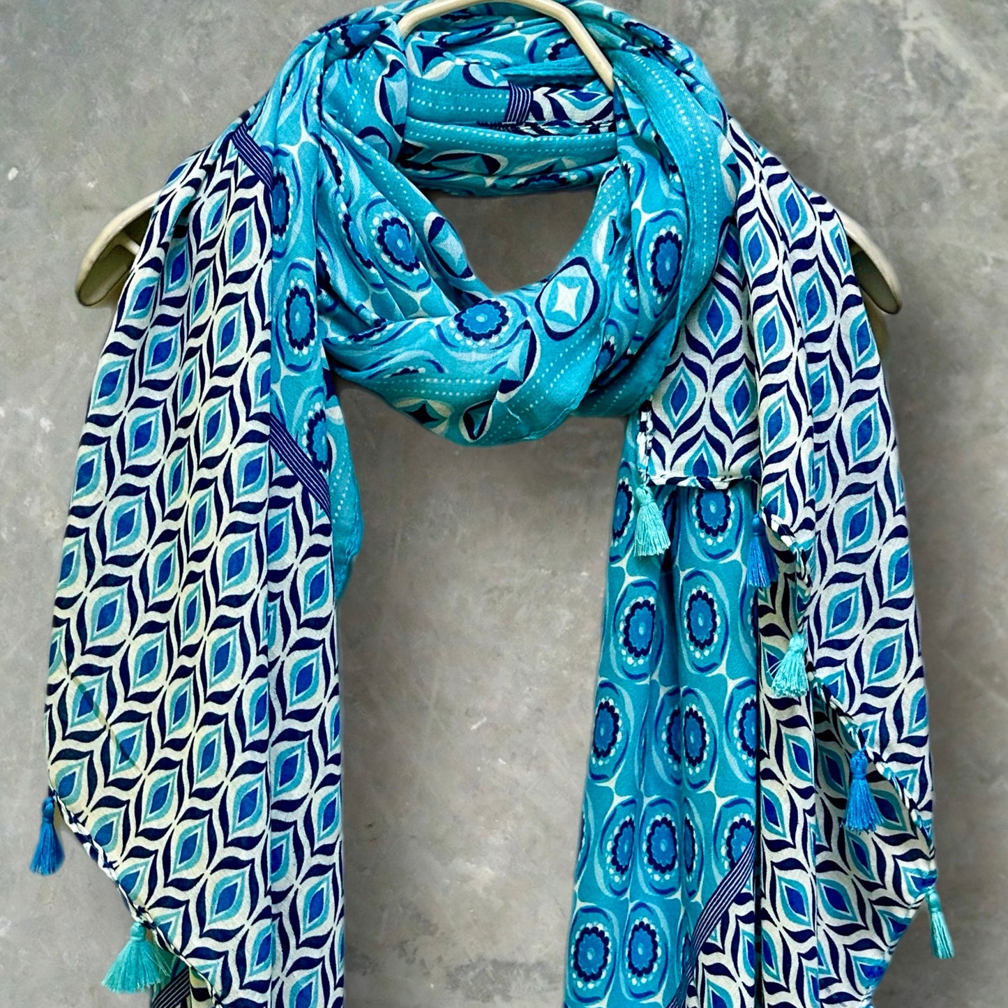 Blue Moroccan-Inspired Geometric Pattern Scarf with Tassels,Great Gifts for Her,Mom,Birthday and Christmas.For All Season