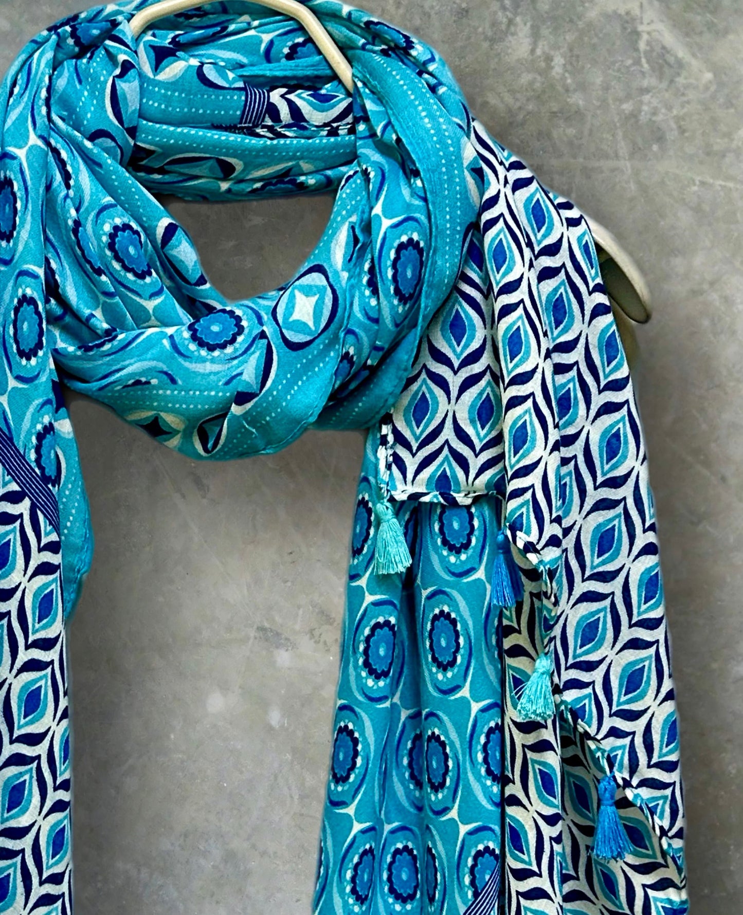 Blue Moroccan-Inspired Geometric Pattern Scarf with Tassels,Great Gifts for Her,Mom,Birthday and Christmas.For All Season