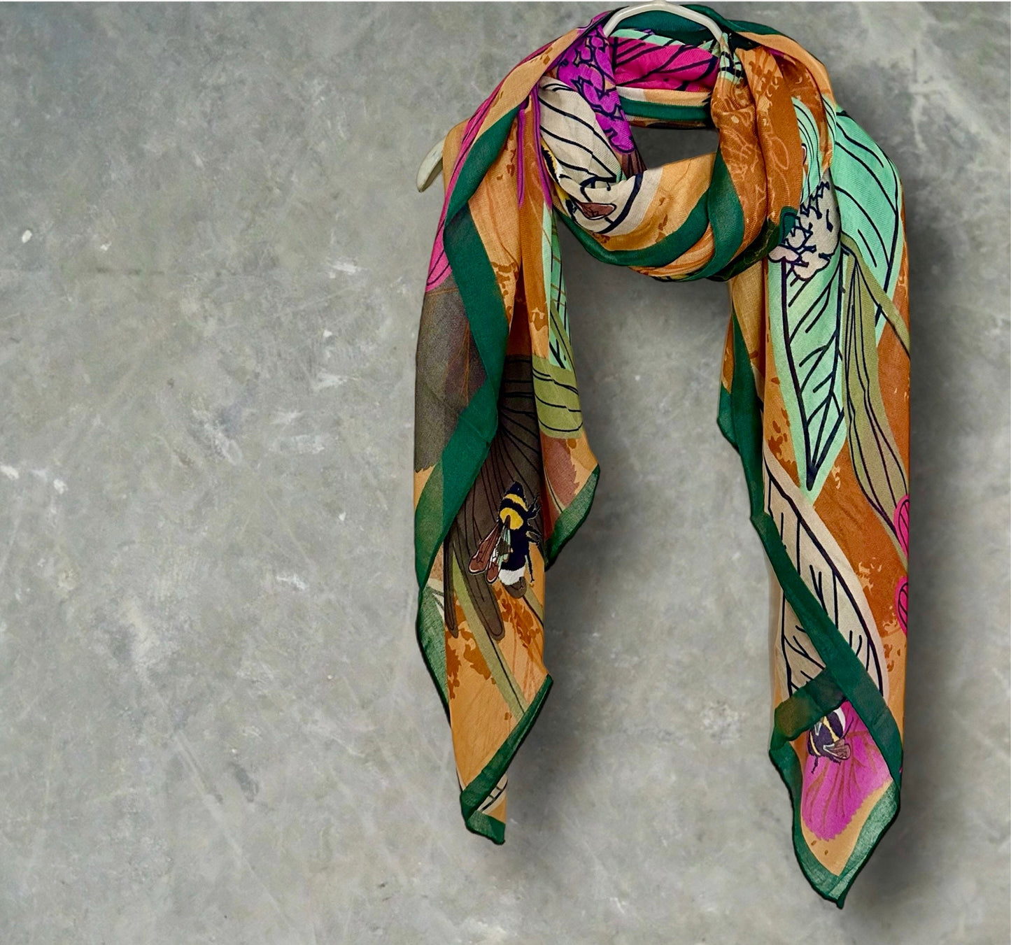 Tropical Floral Design Organic Cotton Scarf with Green Trim. Great for Any Season,Ideal Gifts for Her,Mom,Birthdays and Christmas