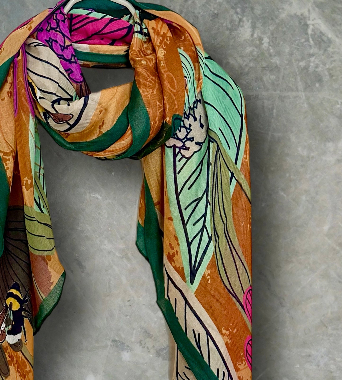 Tropical Floral Design Organic Cotton Scarf with Green Trim. Great for Any Season,Ideal Gifts for Her,Mom,Birthdays and Christmas