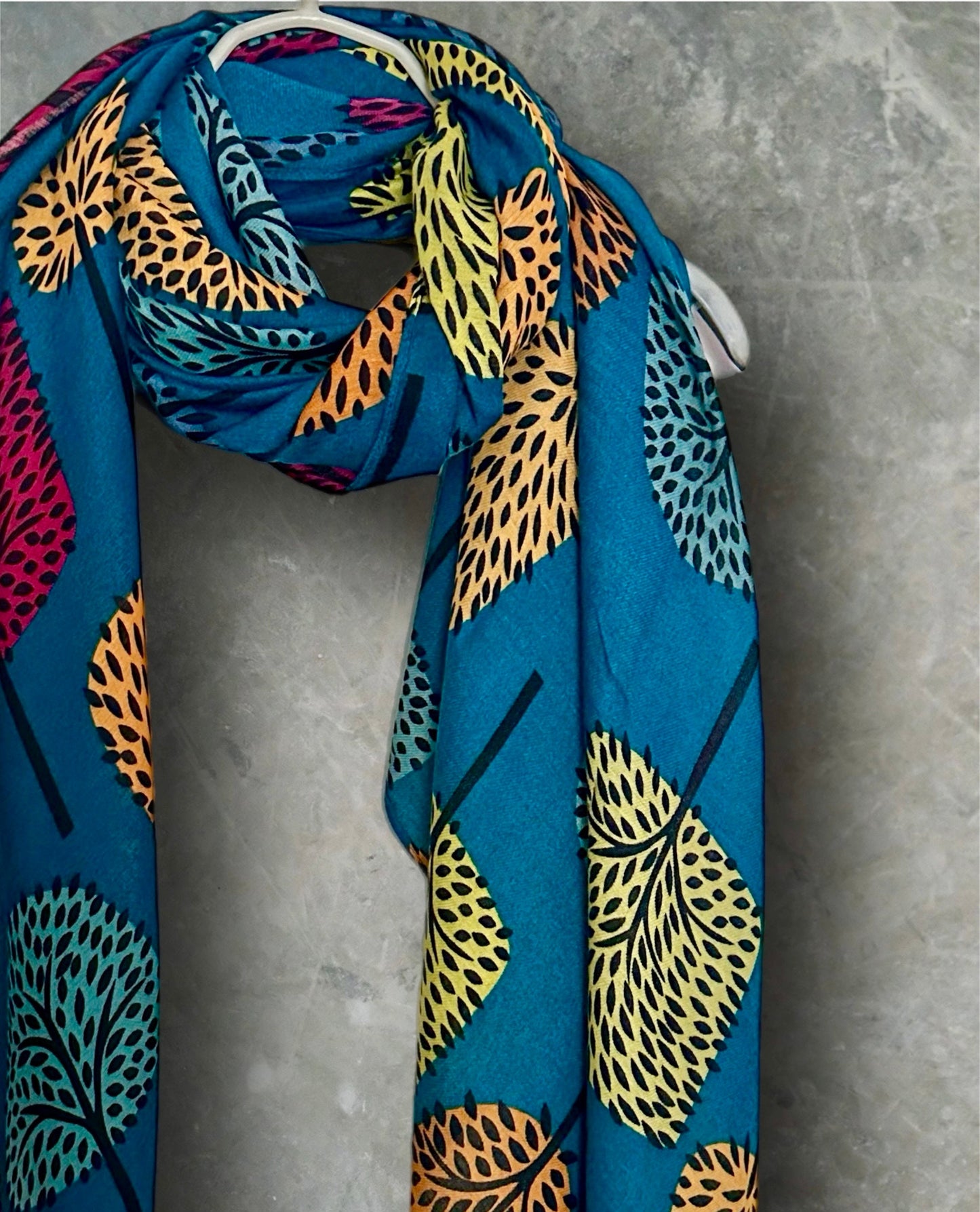 Teal Blue Stylized Botanical Print Featuring Various Tree Organic Cotton Scarf For Women,for All Season,Ideal Gifts for Her Birthday