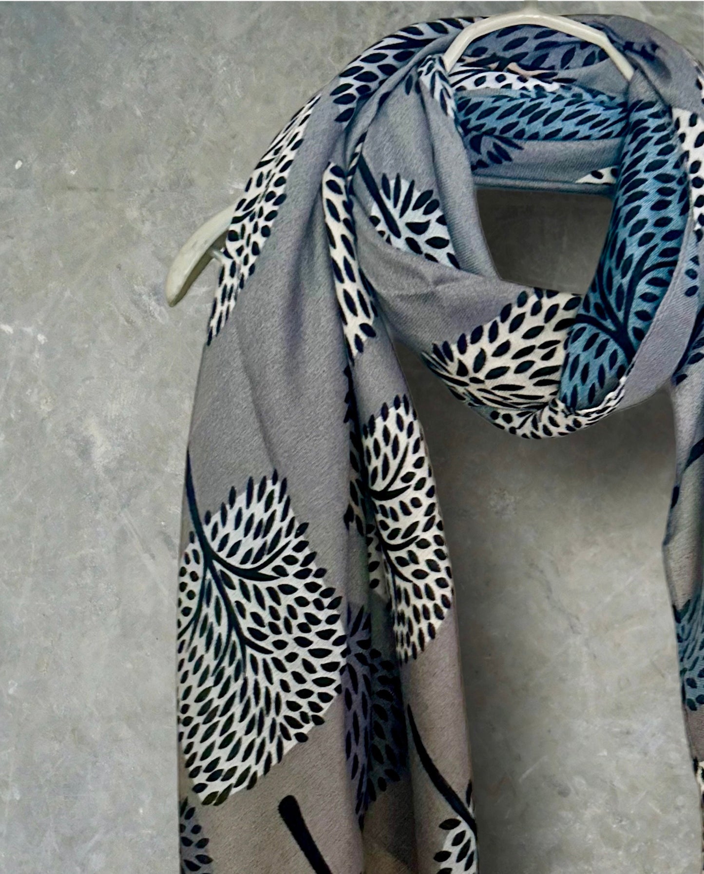 Stylish Grey Botanical Print Featuring various Tree Cotton Scarf for Women.For All Season,Ideal Gifts for Her,Mom,Birthdays and Christmas