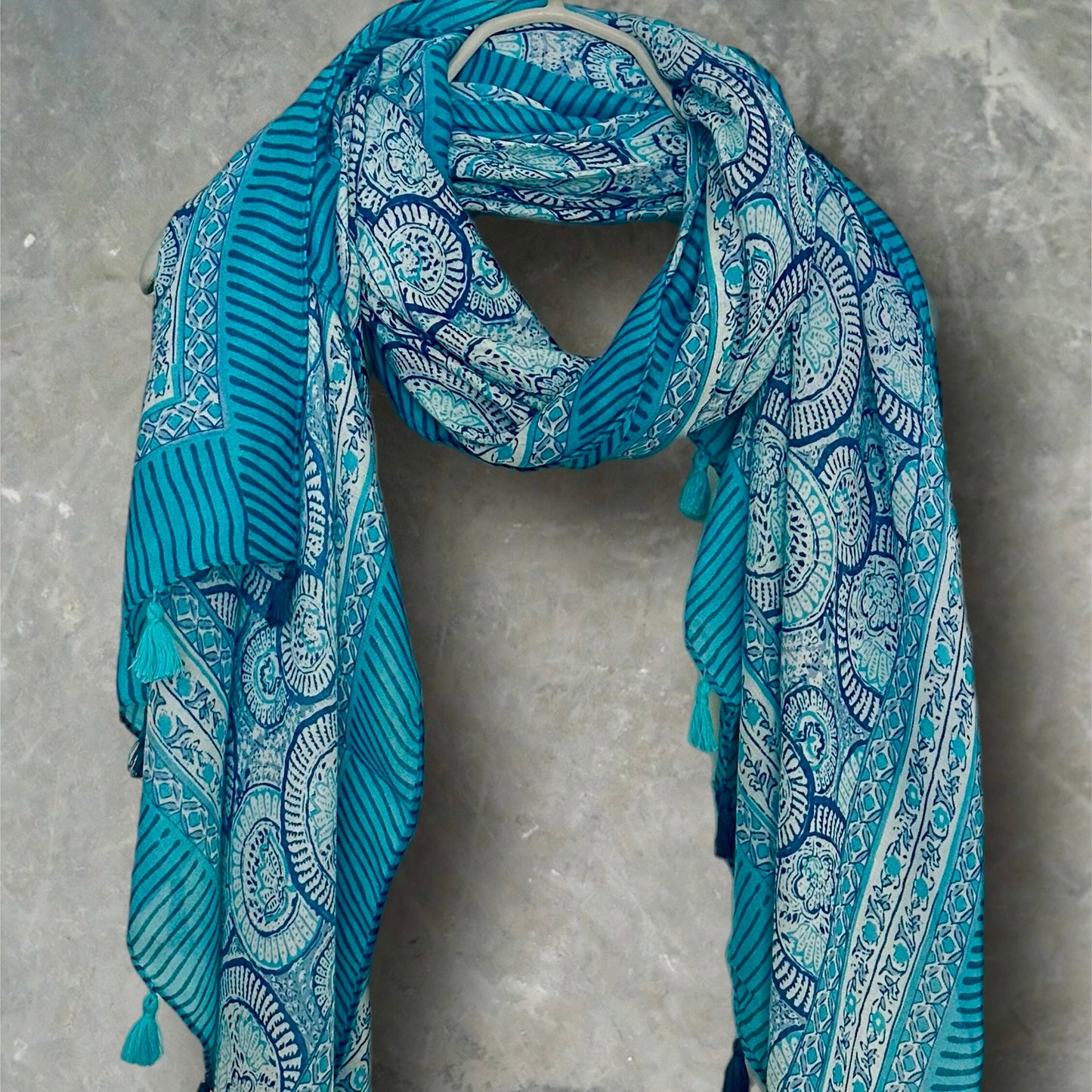 Blue Circular Ornamental Pattern with Tassels Cotton Scarf for Women,Perfect for All Seasons,Ideal Gifts for Her,Mom,Birthdays and Christmas