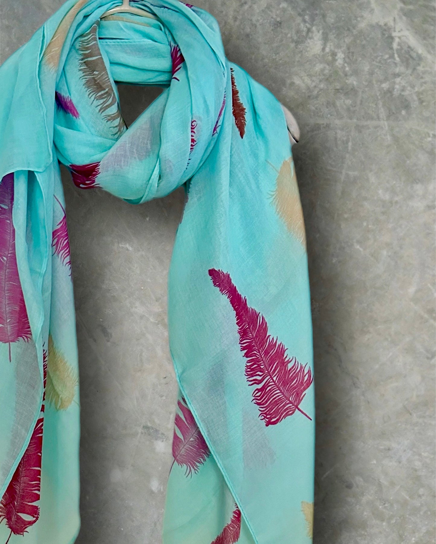 Exquisite Light Blue Cotton Scarf with Feathers Print,A Thoughtful Gift for Her,Wife,Mother,Birthdays,Christmas and Any Occasions
