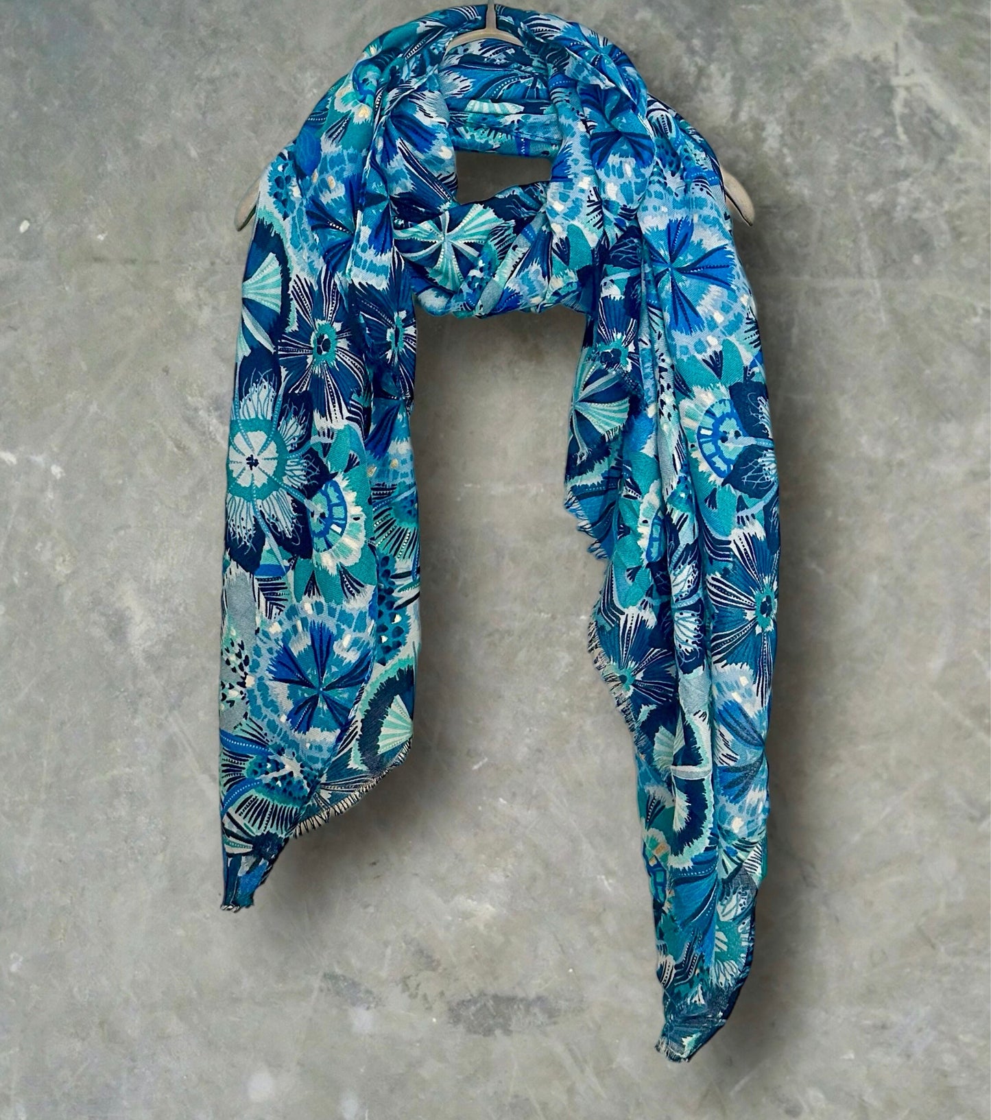 Blue Scarf Featuring Foliage Motif Print and Gold Accents for Women,Ideal Birthday Gifts for Her,Mom,Girlfriend,Suitable for All Seasons