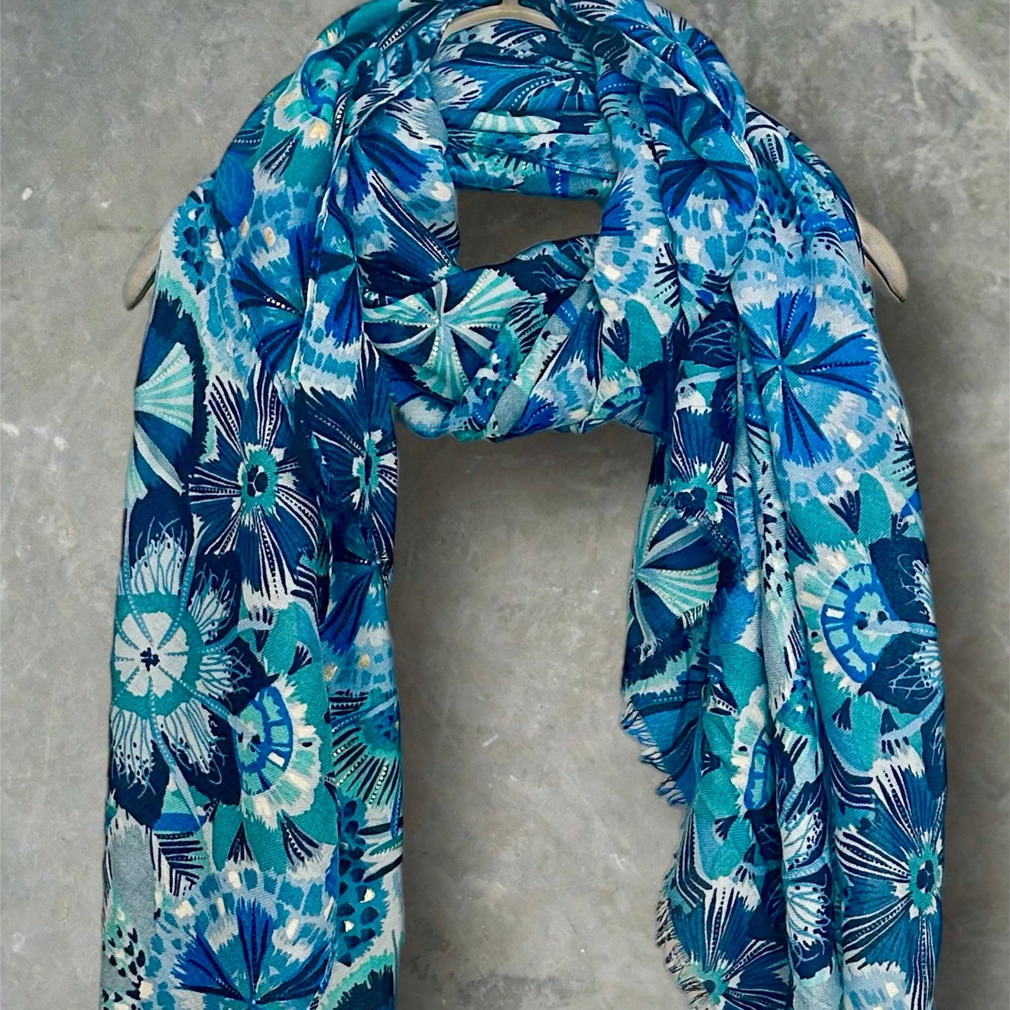 Blue Scarf Featuring Foliage Motif Print and Gold Accents for Women,Ideal Birthday Gifts for Her,Mom,Girlfriend,Suitable for All Seasons