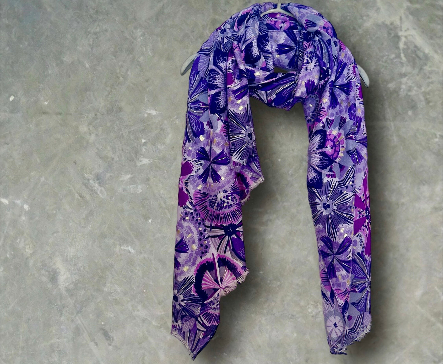 Bohemian-Inspired Purple Scarf Featuring Foliage Motif Print with Gold Accents,Ideal Gifts for Her Birthday,for All Seasons and Any Occasion