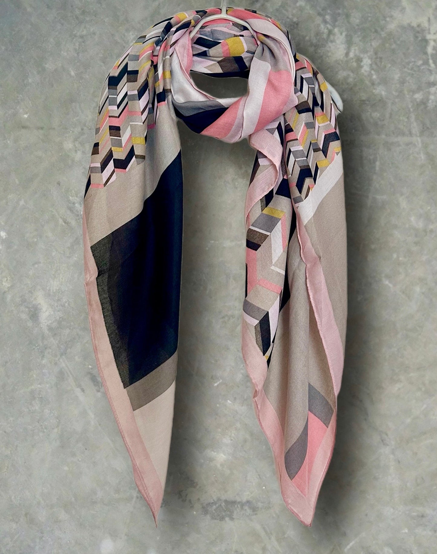 Grey Retro Inspired Geometric with Pink Trim Scarf for Women,Versatile for All Seasons,Great Gifts for her,Girlfriend,Wife,Mom and Birthday