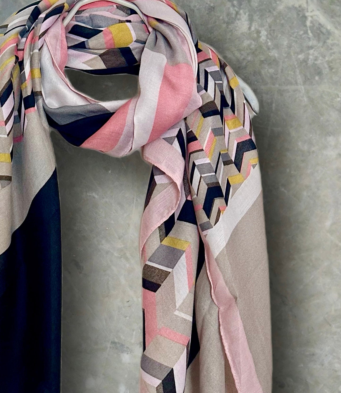 Grey Retro Inspired Geometric with Pink Trim Scarf for Women,Versatile for All Seasons,Great Gifts for her,Girlfriend,Wife,Mom and Birthday