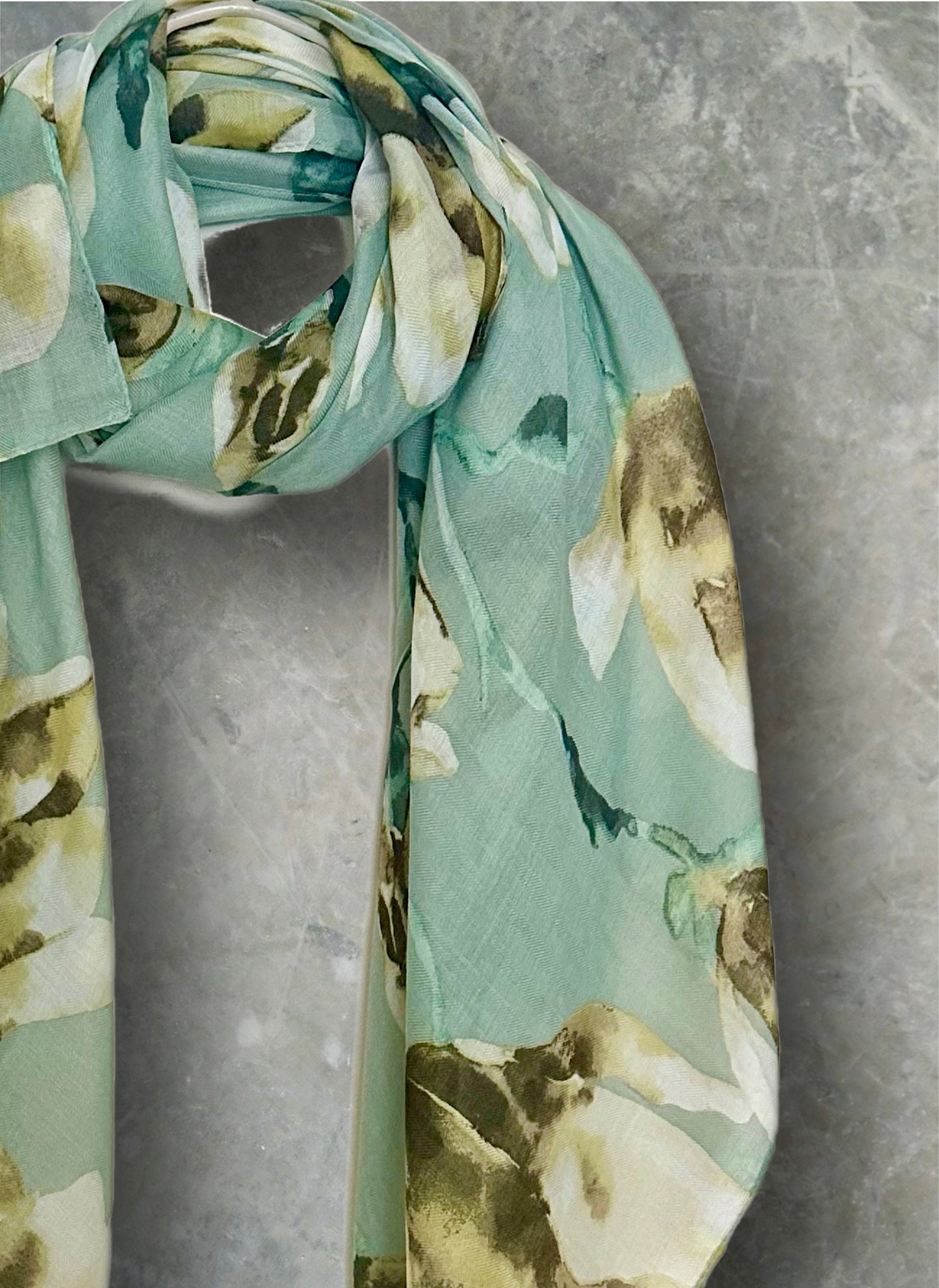 Green Watercolor Magnolia Flowers Cotton Blend Scarf for Women.