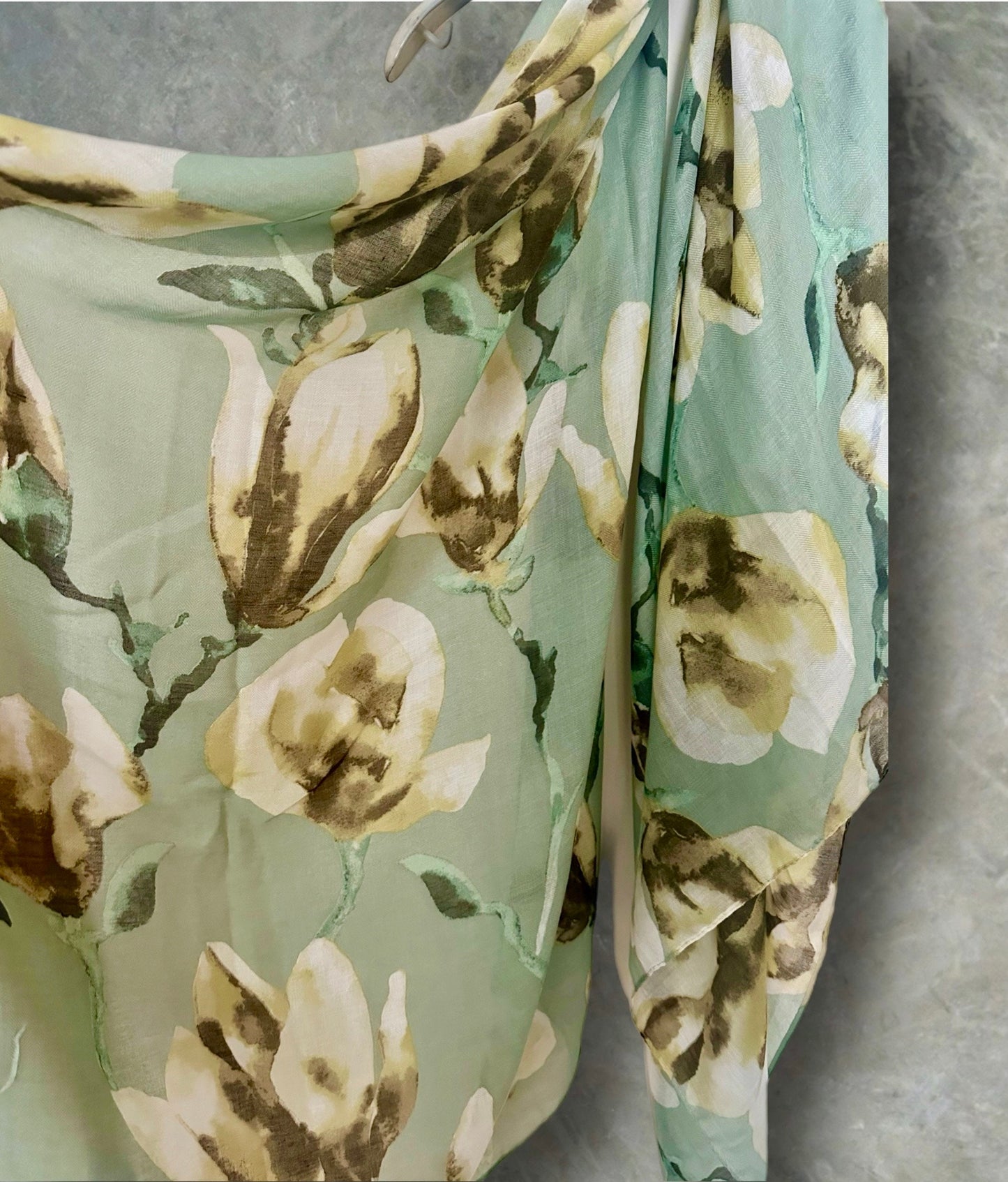 Green Watercolor Magnolia Flowers Cotton Blend Scarf for Women.