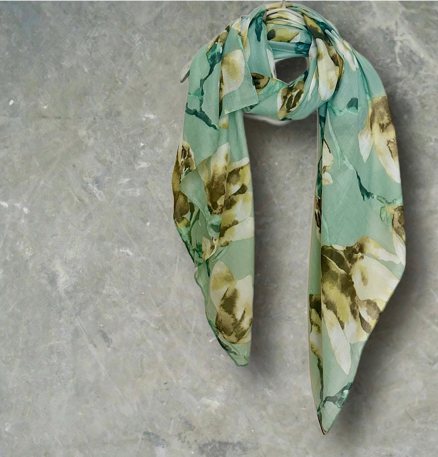 Green Watercolor Magnolia Flowers Cotton Blend Scarf for Women.