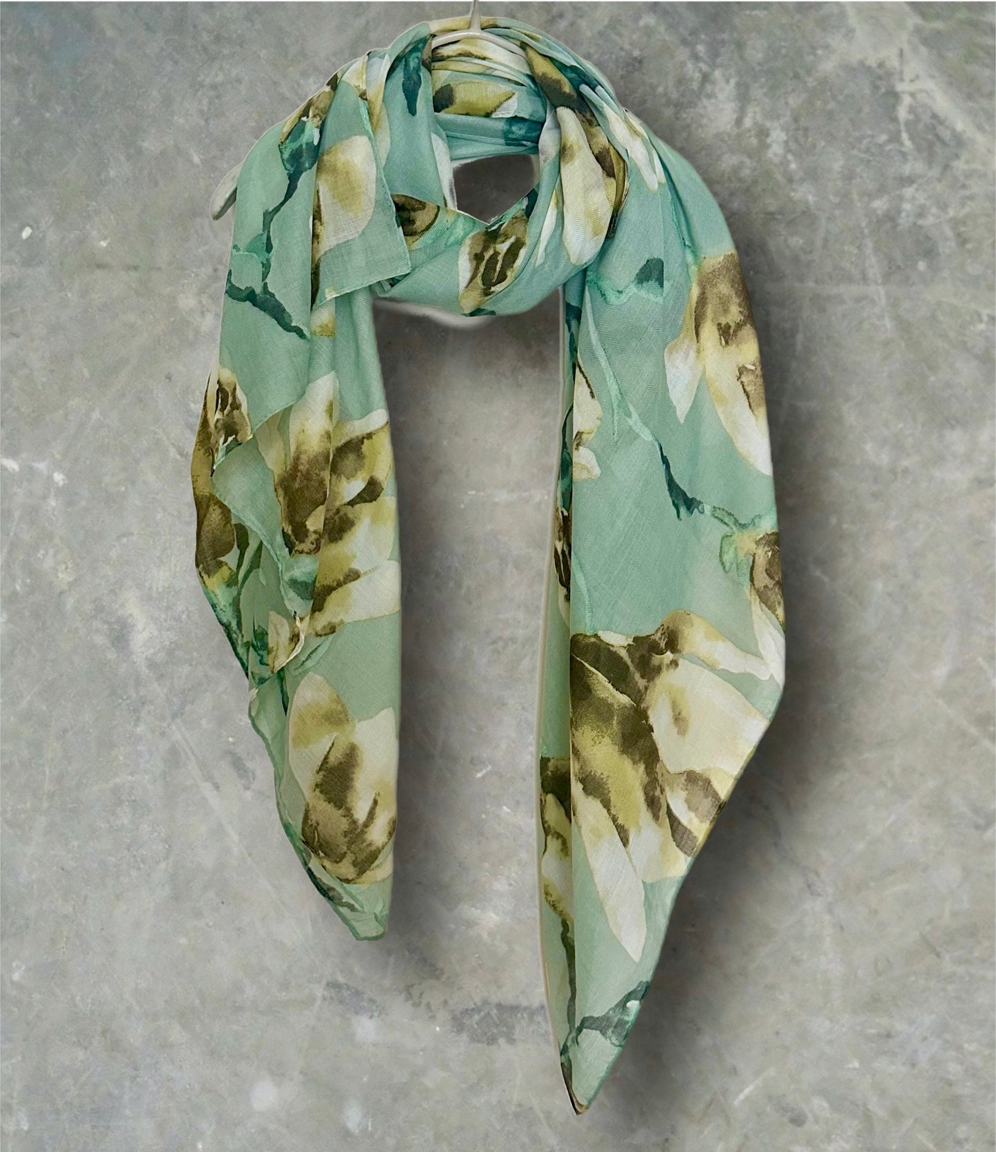 Green Watercolor Magnolia Flowers Cotton Blend Scarf for Women.