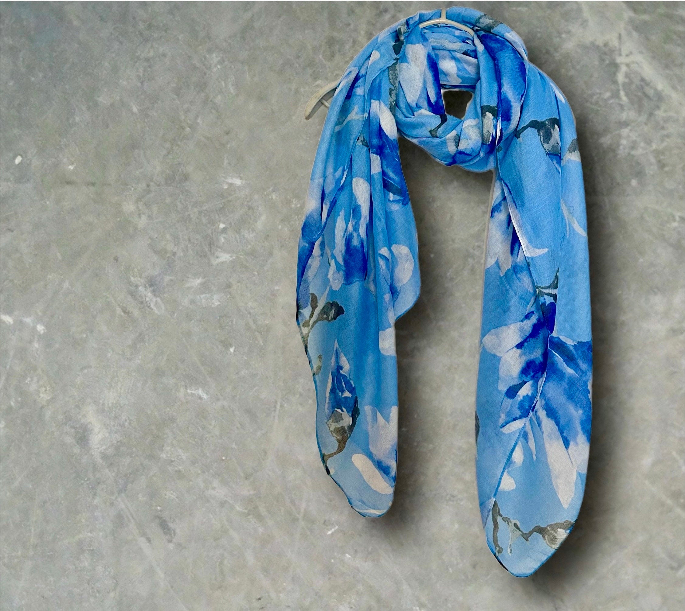 Blue Watercolor Magnolia Flowers Cotton Blend Scarf