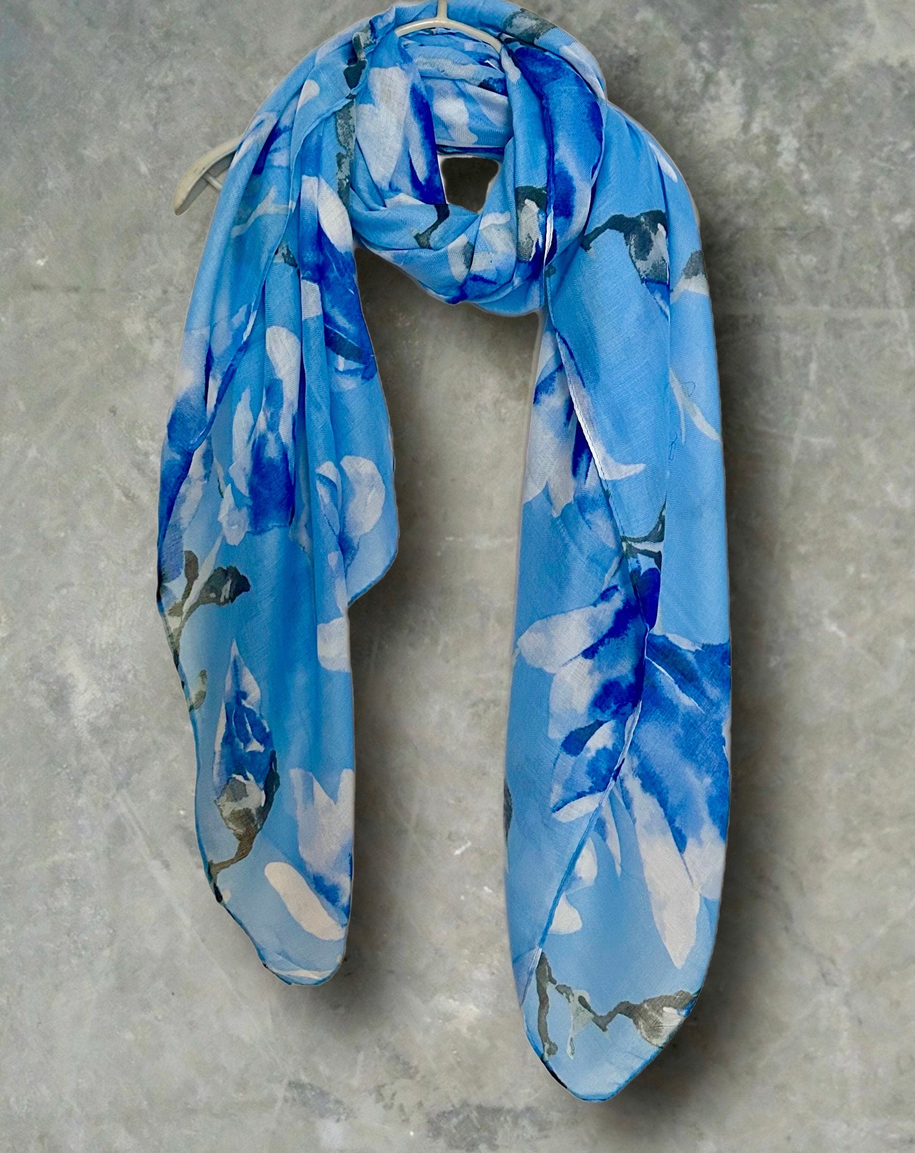 Blue Watercolor Magnolia Flowers Cotton Blend Scarf